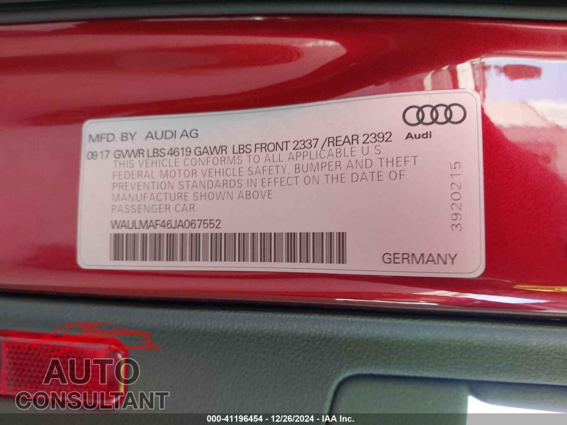 AUDI A4 2018 - WAULMAF46JA067552