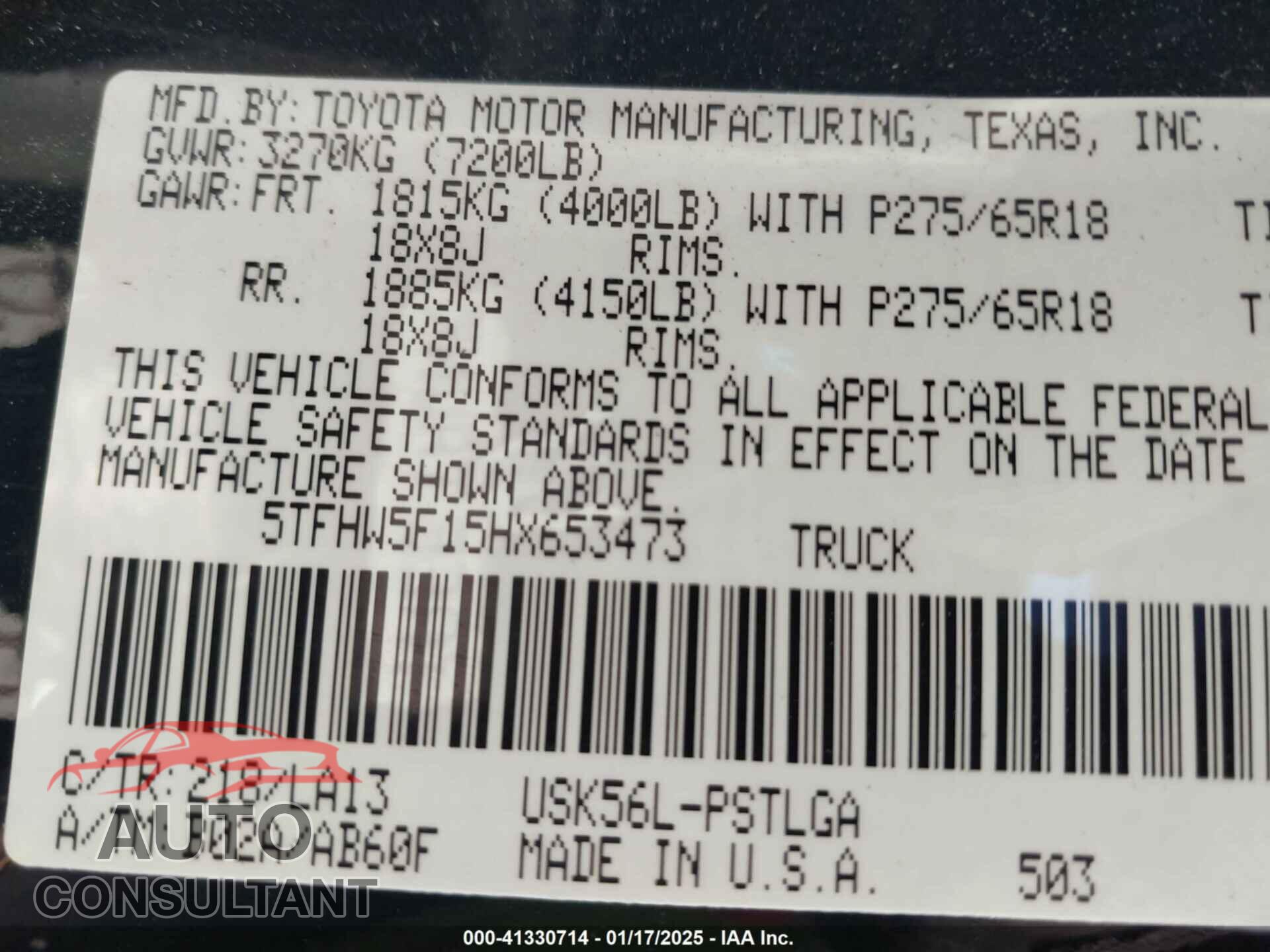 TOYOTA TUNDRA 2017 - 5TFHW5F15HX653473