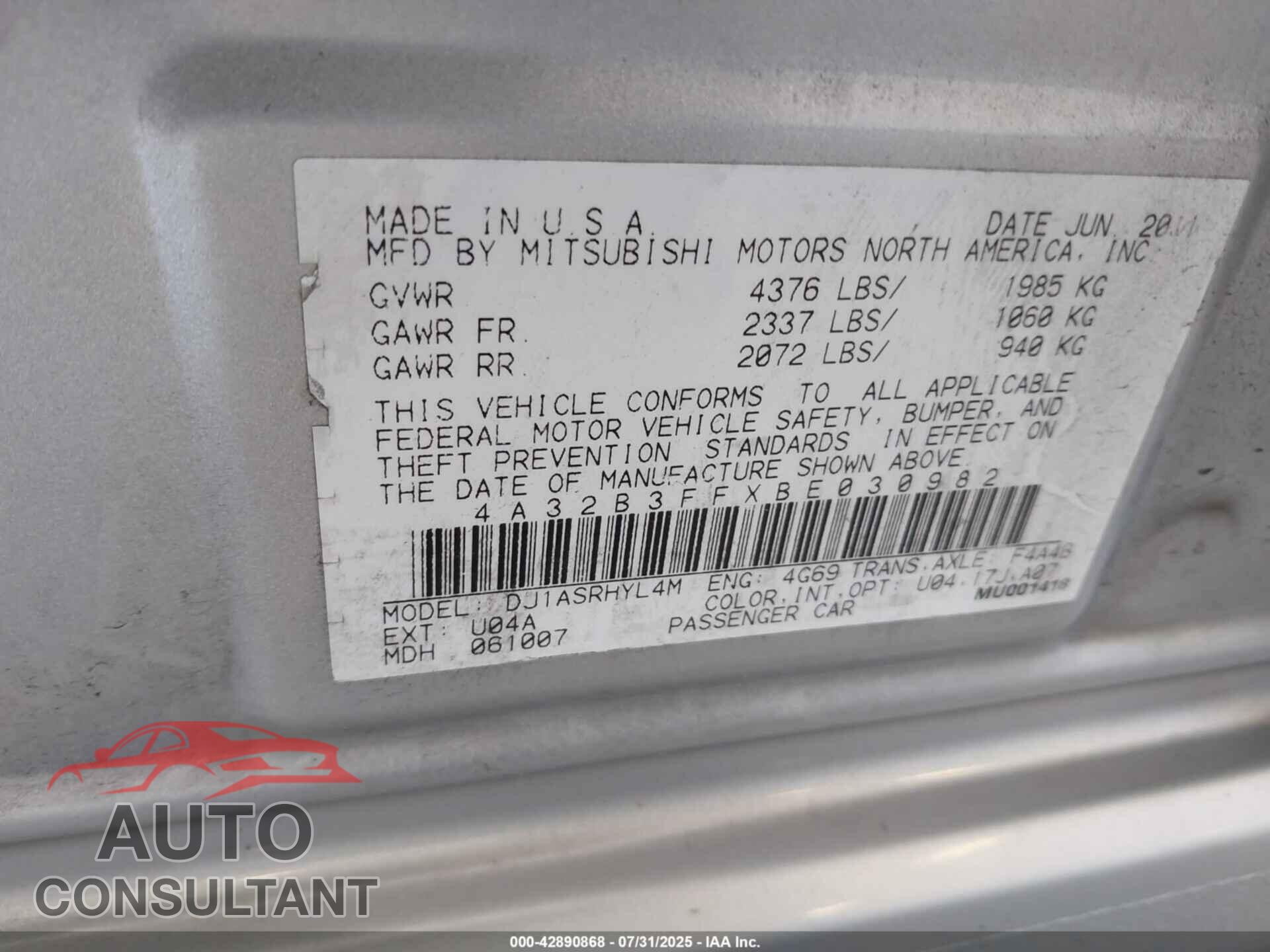 MITSUBISHI GALANT 2011 - 4A32B3FFXBE030982
