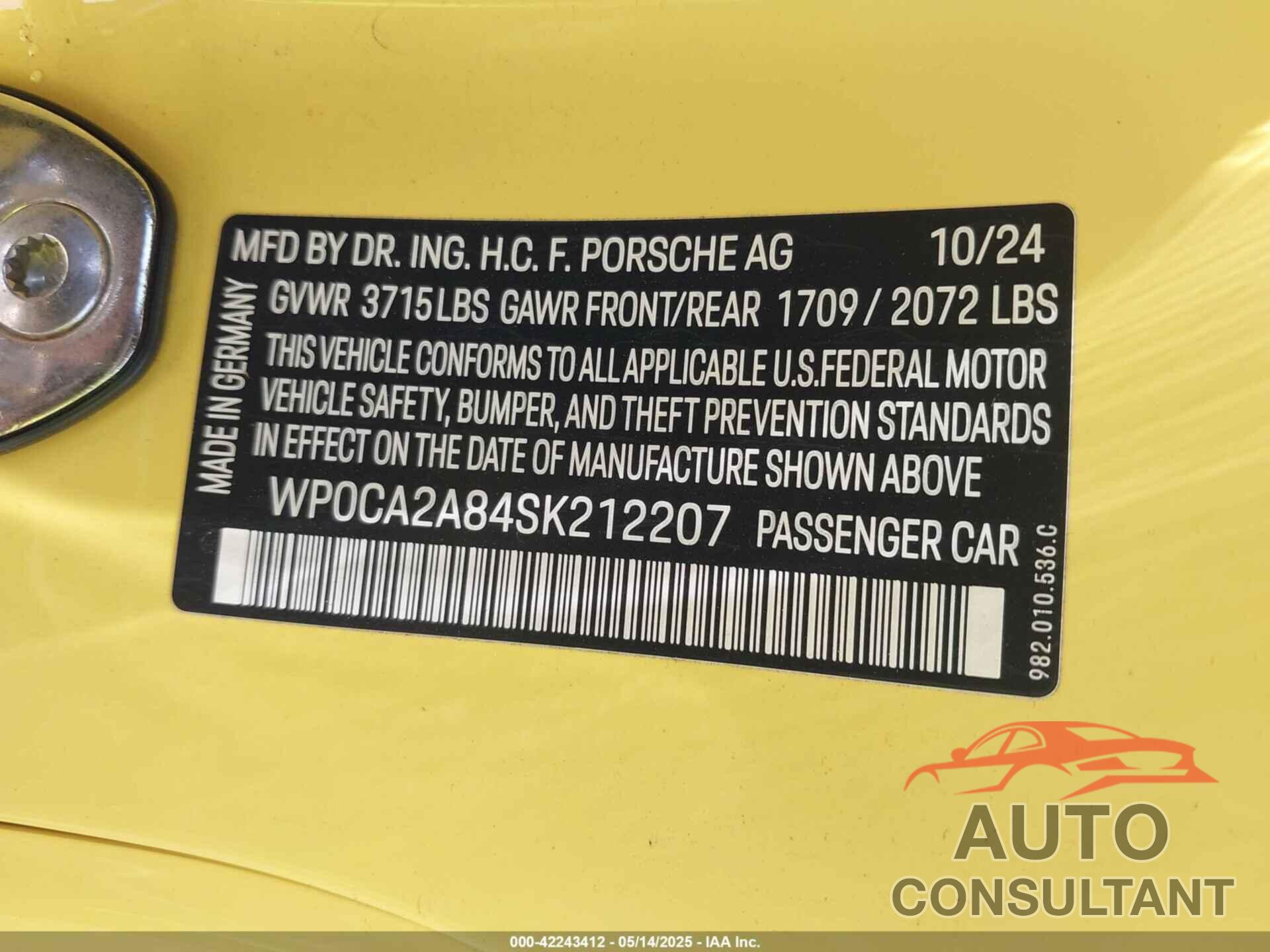 PORSCHE 718 BOXSTER 2025 - WP0CA2A84SK212207