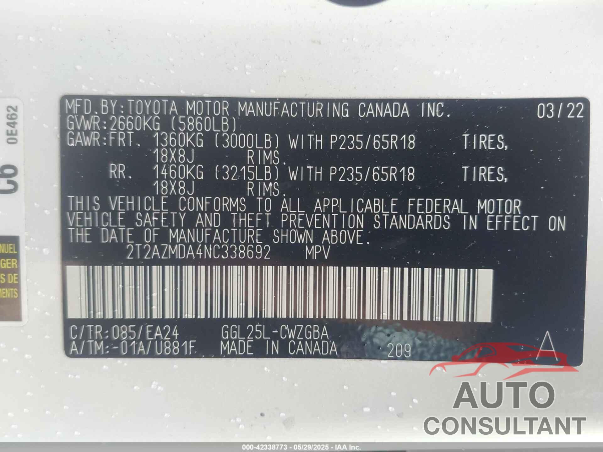 LEXUS RX 350 2022 - 2T2AZMDA4NC338692
