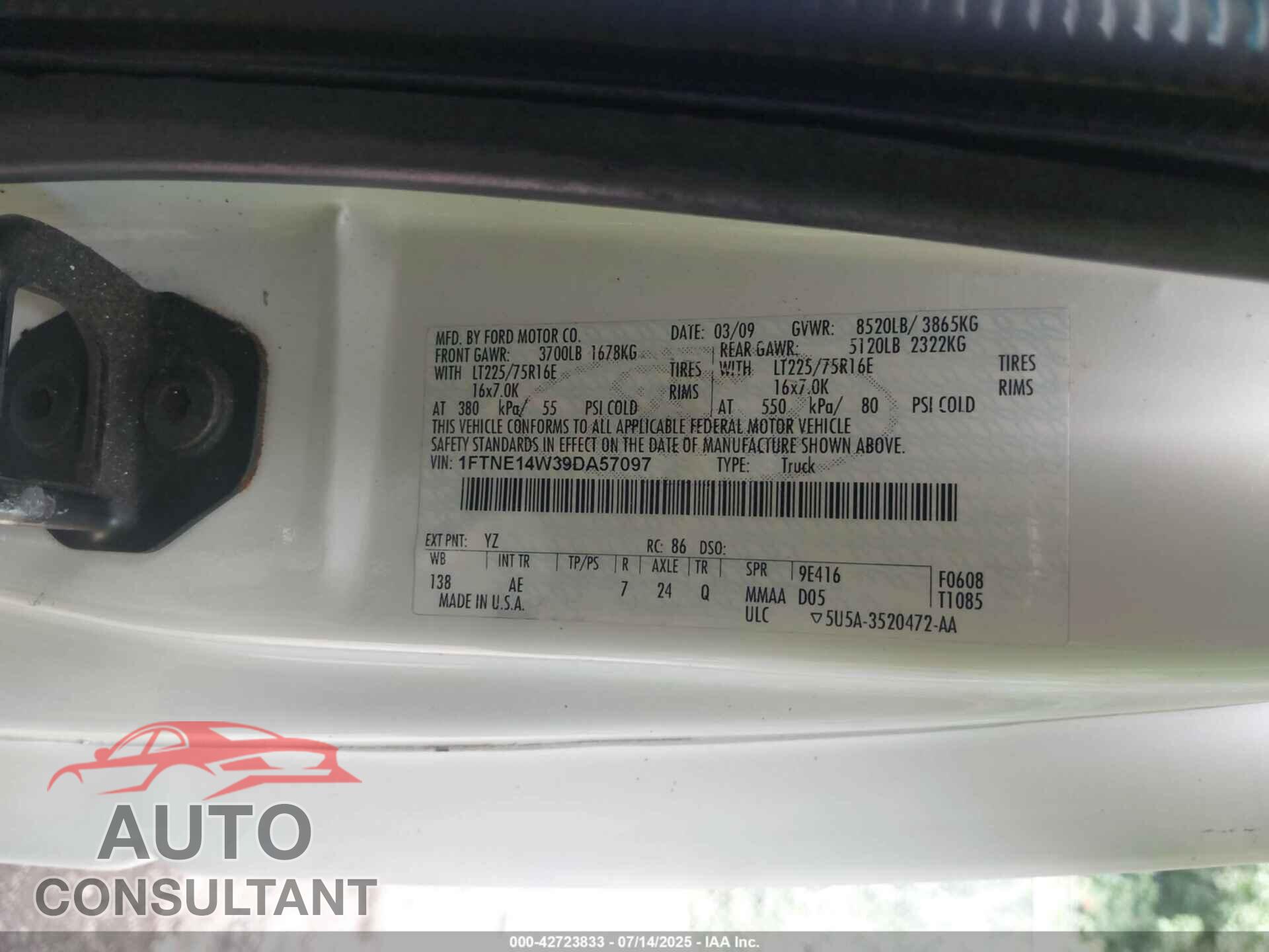 FORD E-150 2009 - 1FTNE14W39DA57097