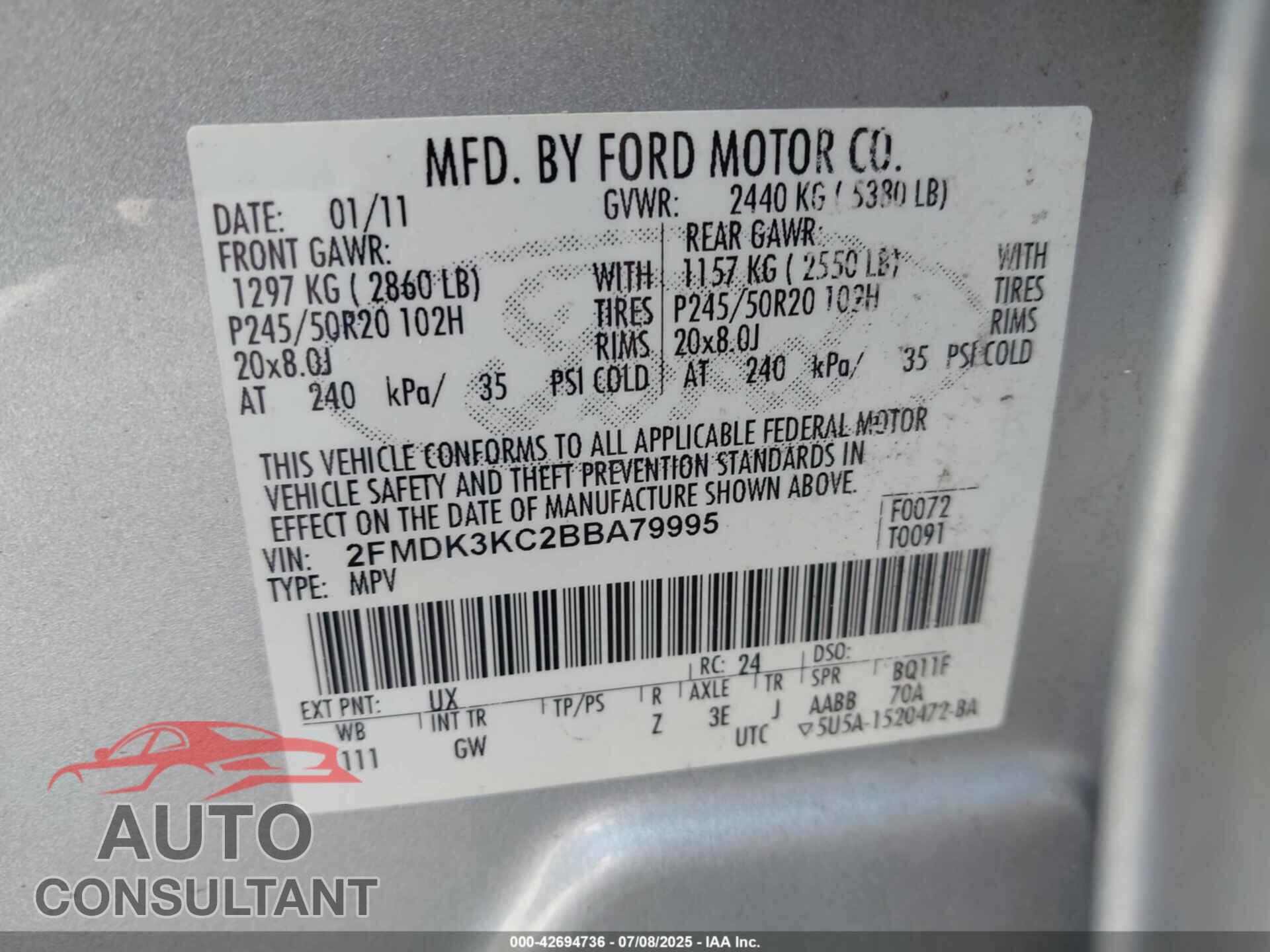 FORD EDGE 2011 - 2FMDK3KC2BBA79995