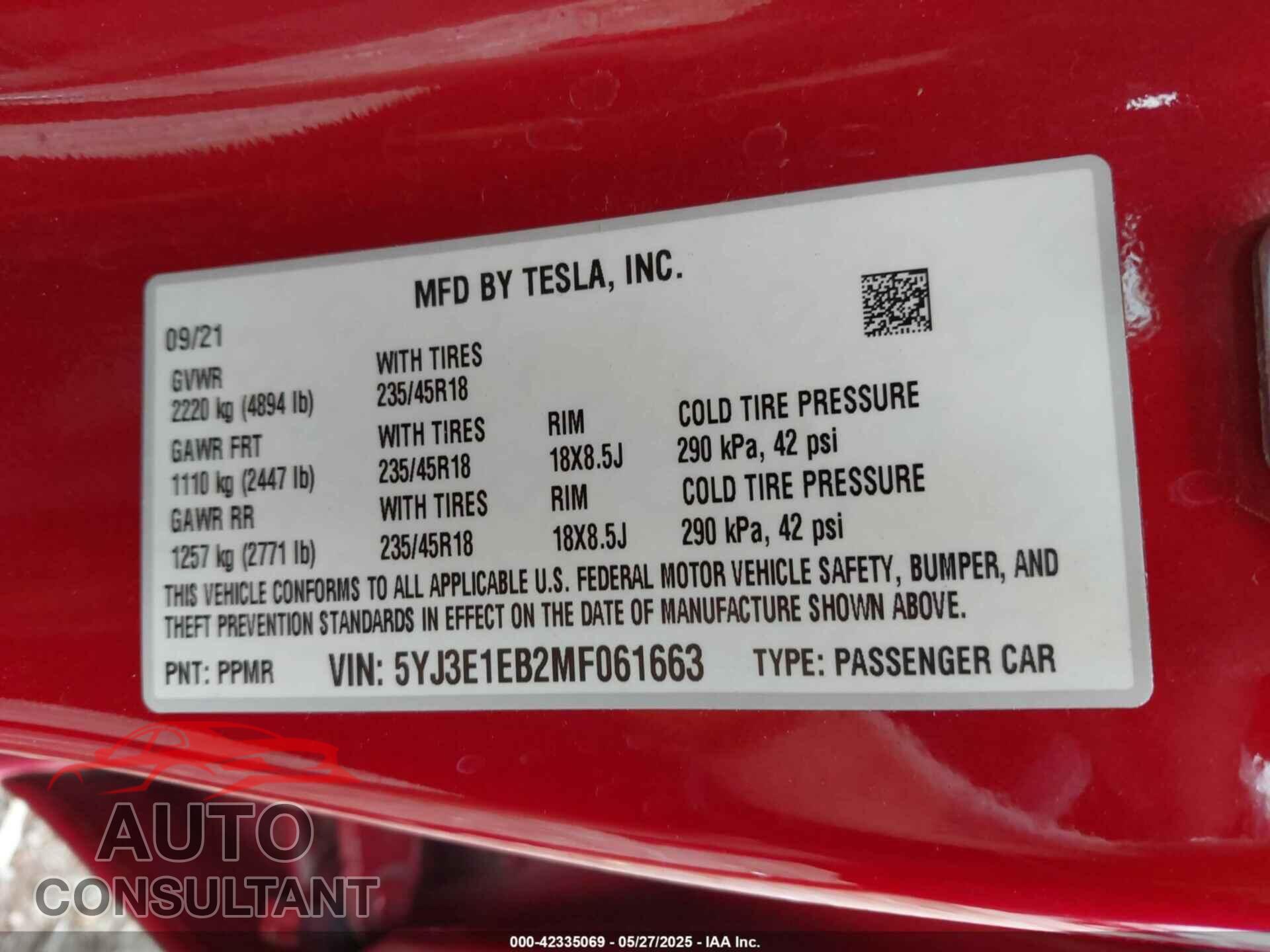 TESLA MODEL 3 2021 - 5YJ3E1EB2MF061663