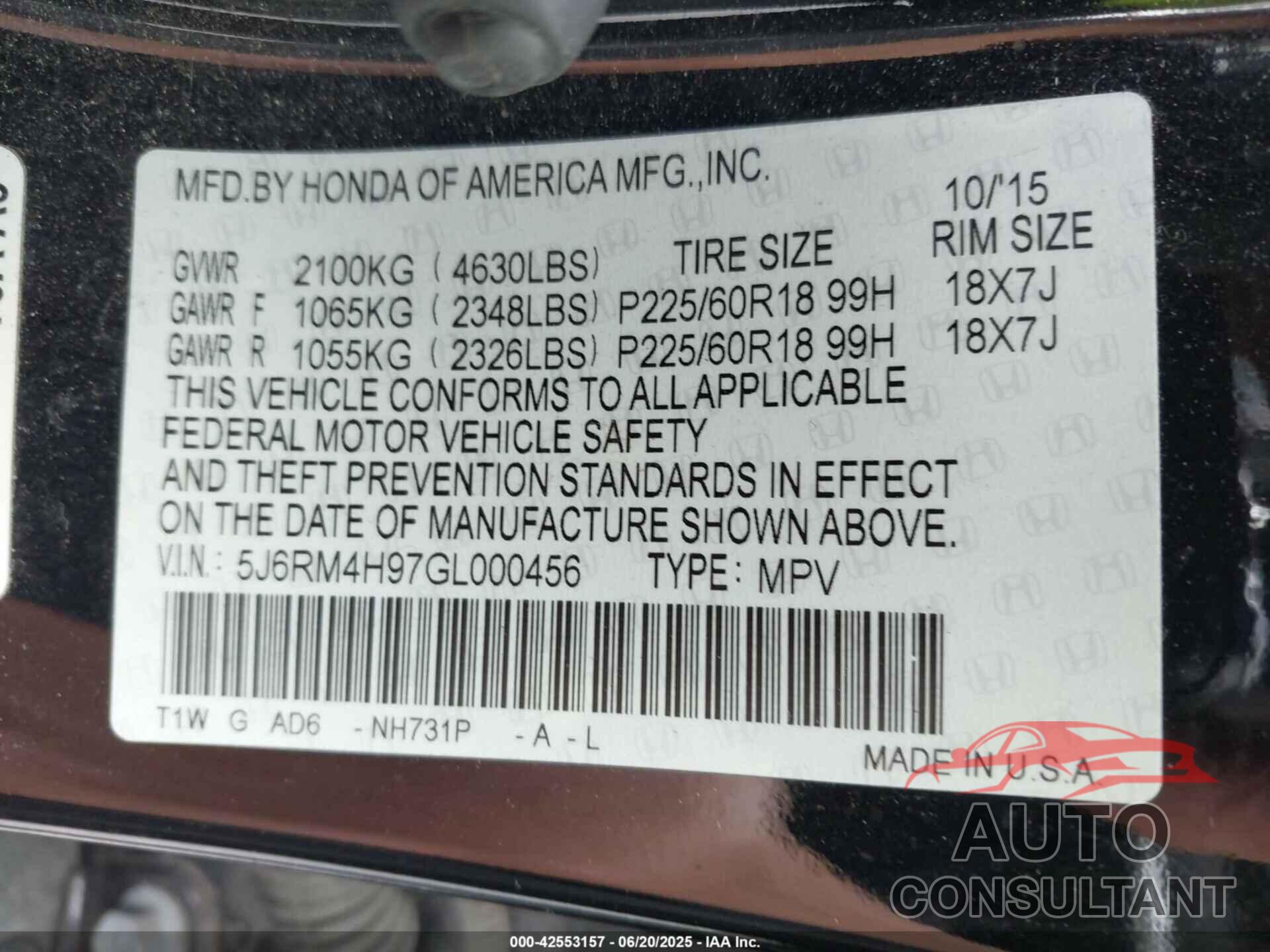 HONDA CR-V 2016 - 5J6RM4H97GL000456