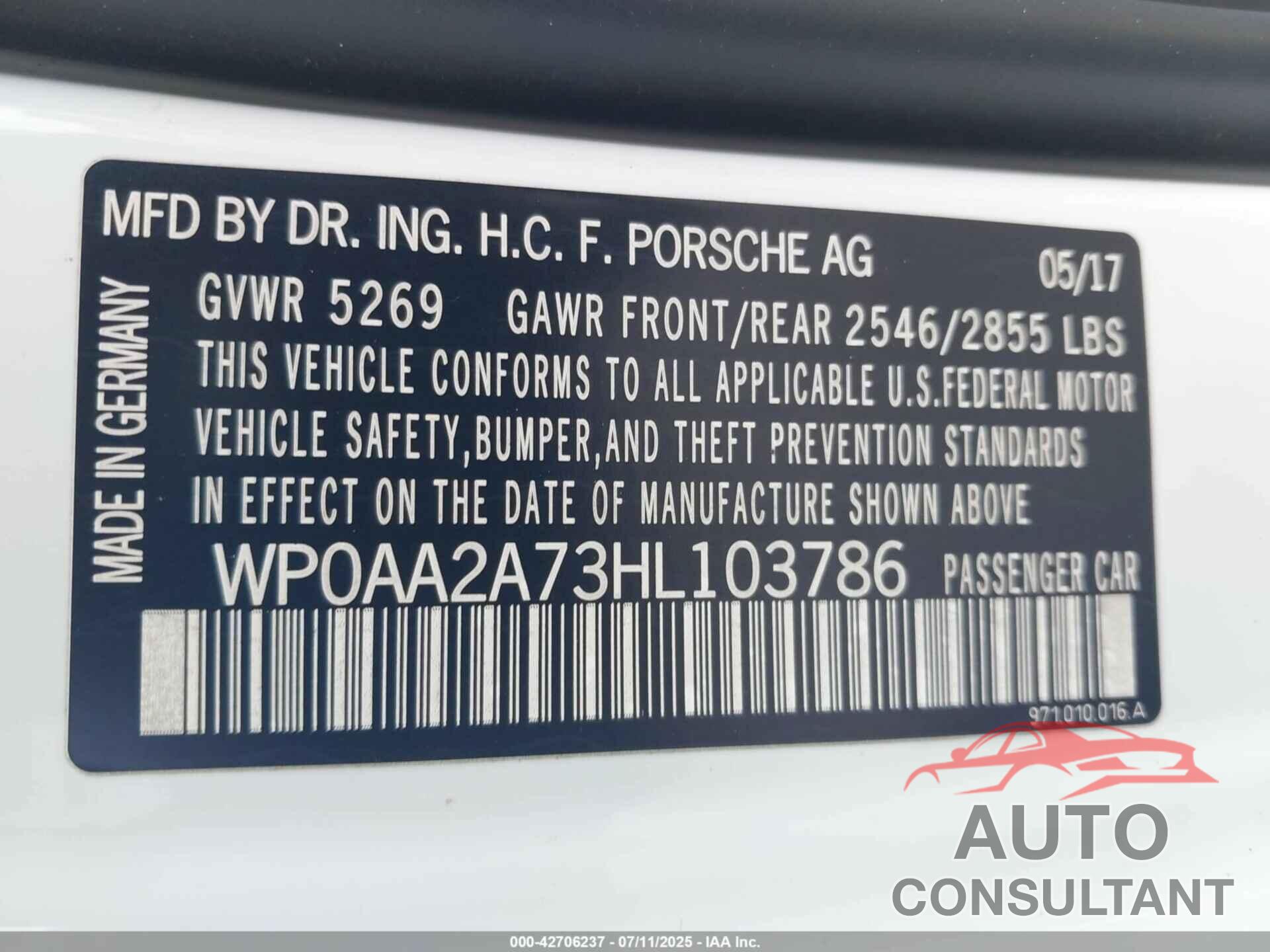PORSCHE PANAMERA 2017 - WP0AA2A73HL103786