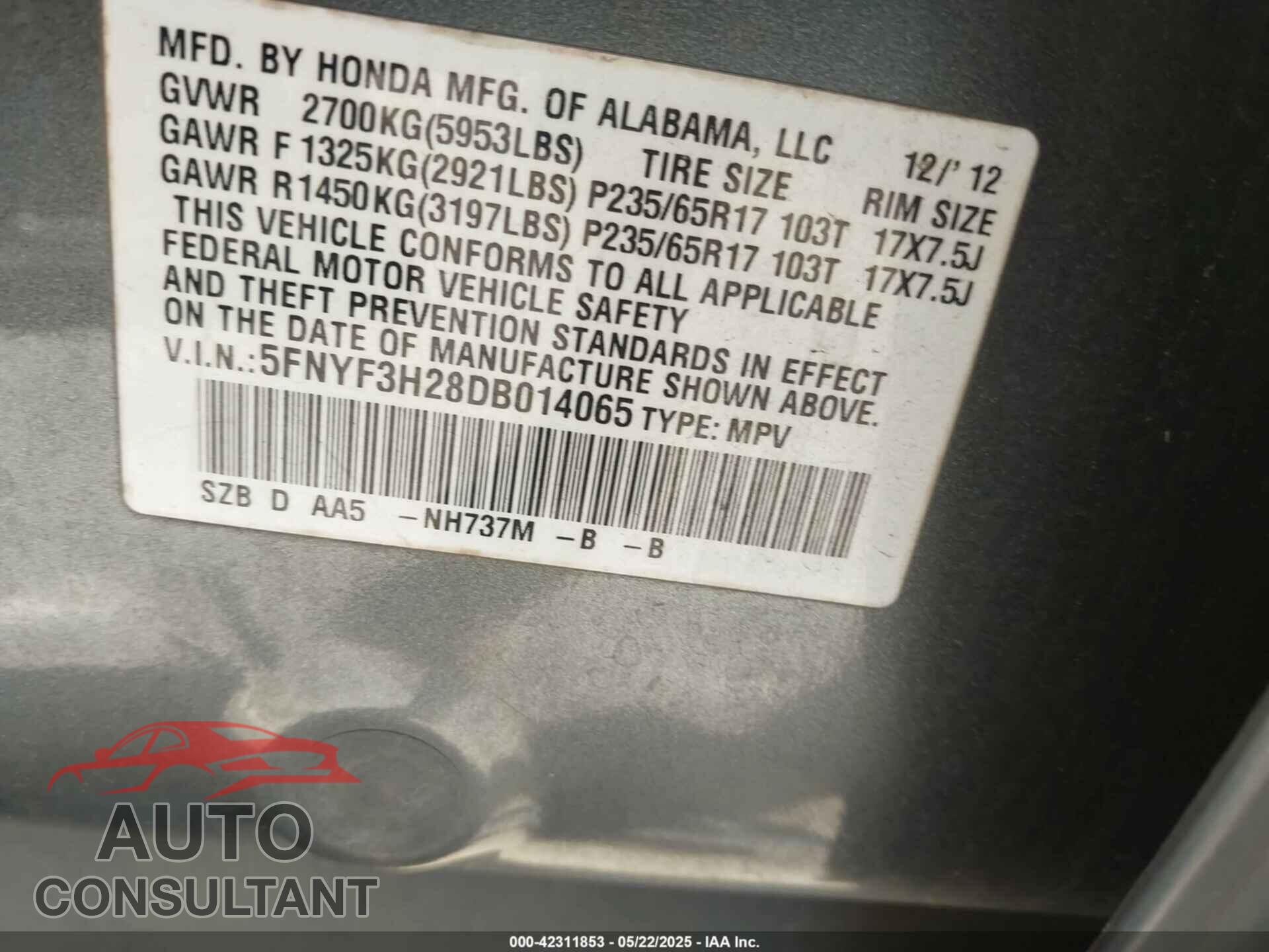 HONDA PILOT 2013 - 5FNYF3H28DB014065