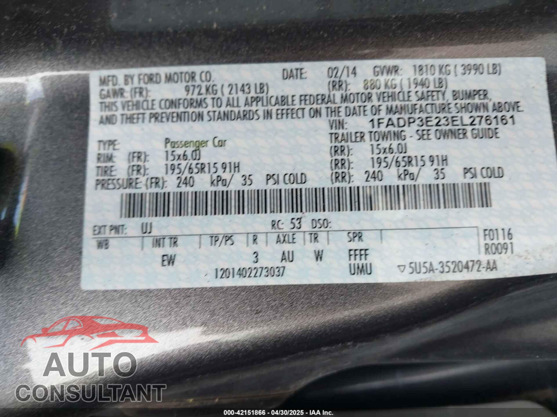 FORD FOCUS 2014 - 1FADP3E23EL276161