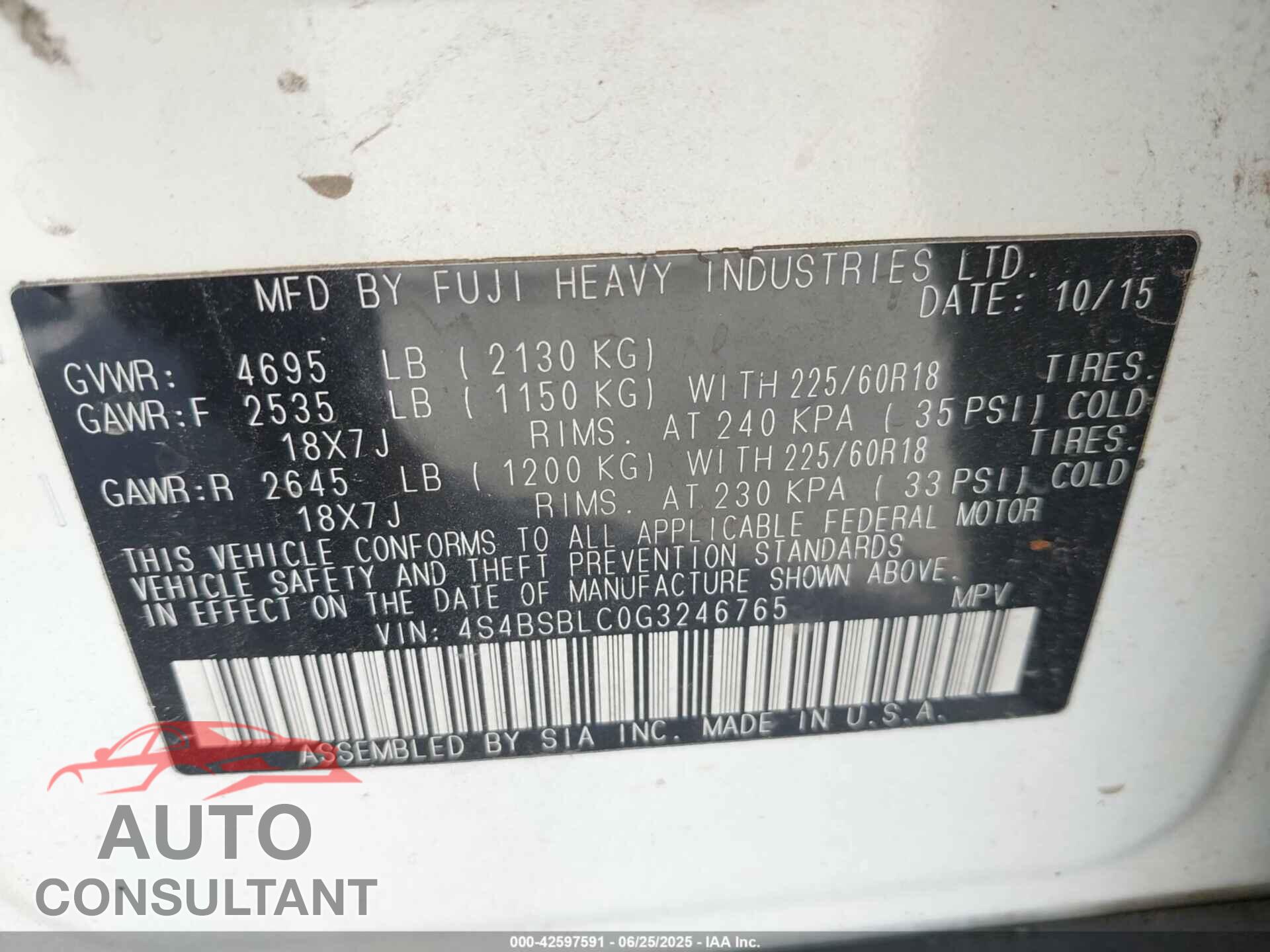 SUBARU OUTBACK 2016 - 4S4BSBLC0G3246765