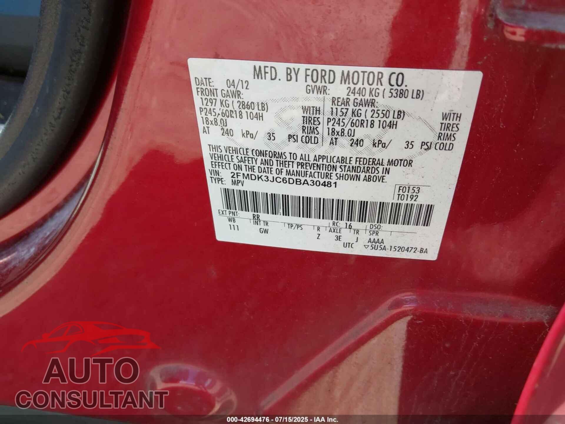 FORD EDGE 2013 - 2FMDK3JC6DBA30481