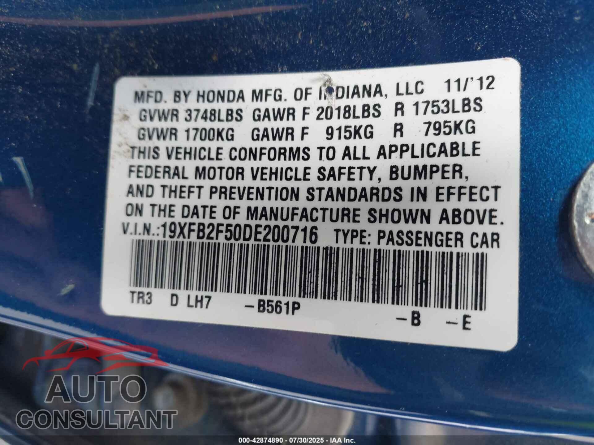 HONDA CIVIC 2013 - 19XFB2F50DE200716