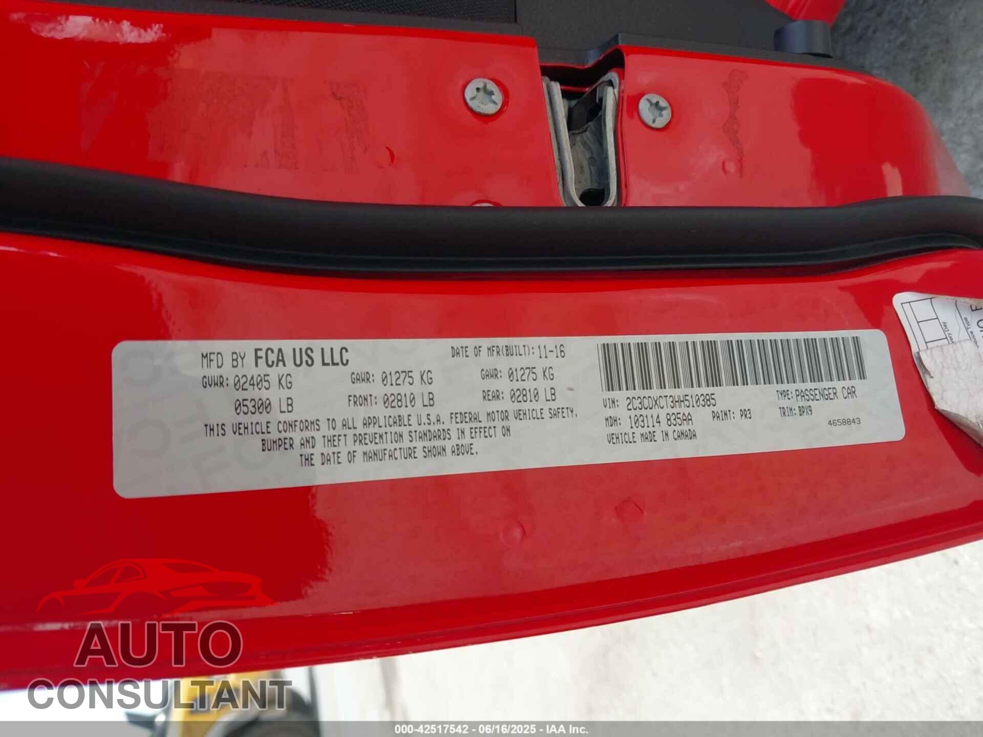 DODGE CHARGER 2017 - 2C3CDXCT3HH510385