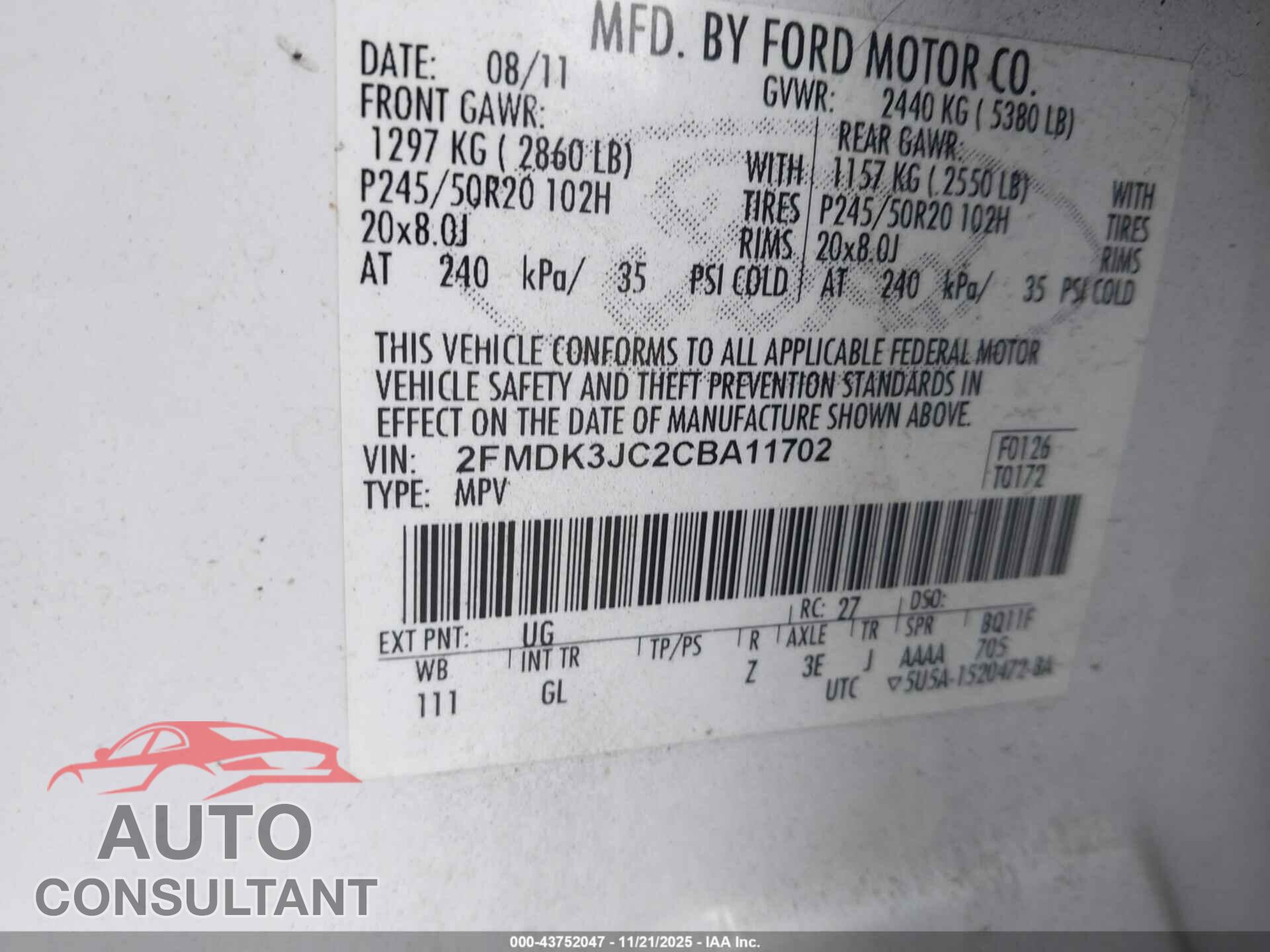 FORD EDGE 2012 - 2FMDK3JC2CBA11702