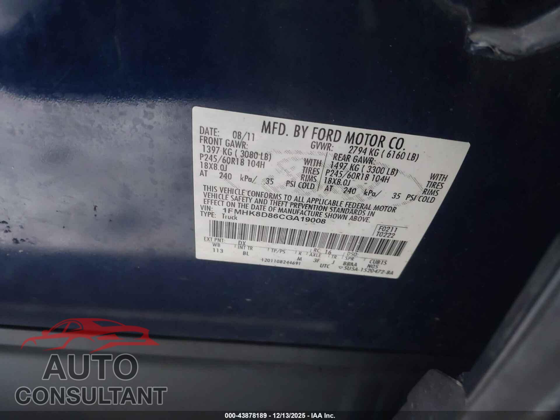 FORD EXPLORER 2012 - 1FMHK8D86CGA19008