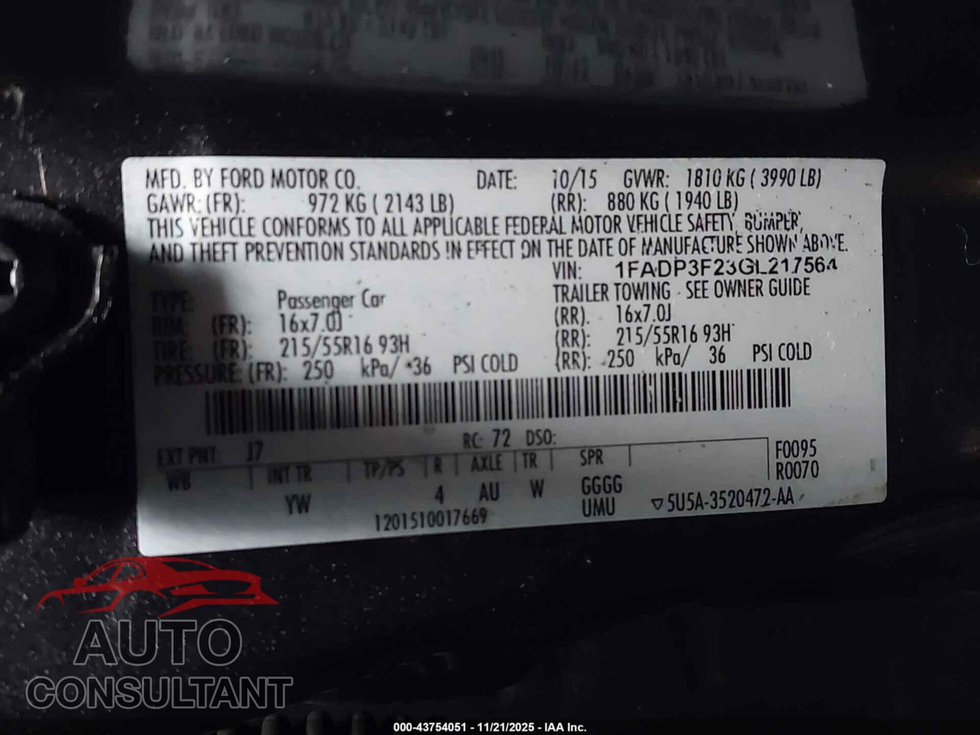 FORD FOCUS 2016 - 1FADP3F23GL217564