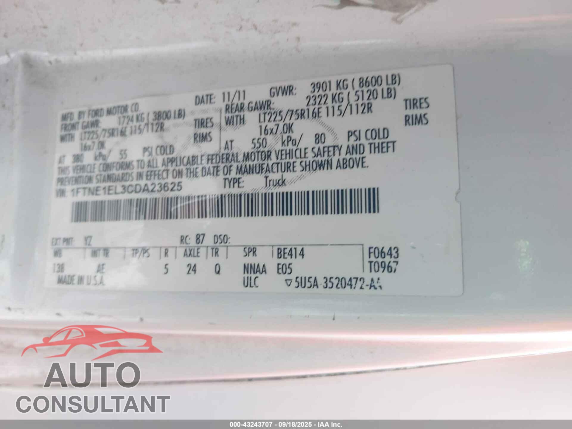 FORD E-150 2012 - 1FTNE1EL3CDA23625