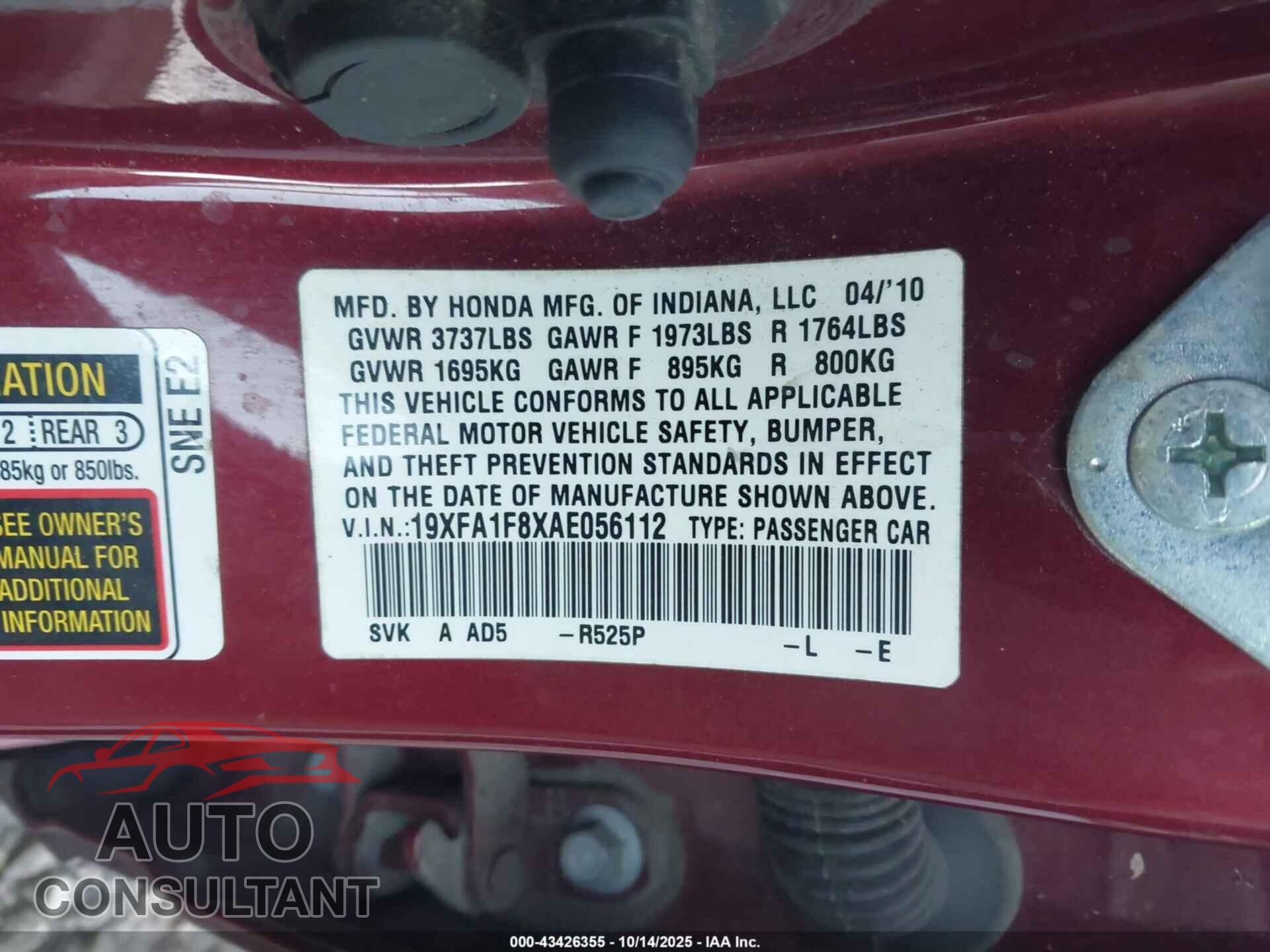 HONDA CIVIC 2010 - 19XFA1F8XAE056112
