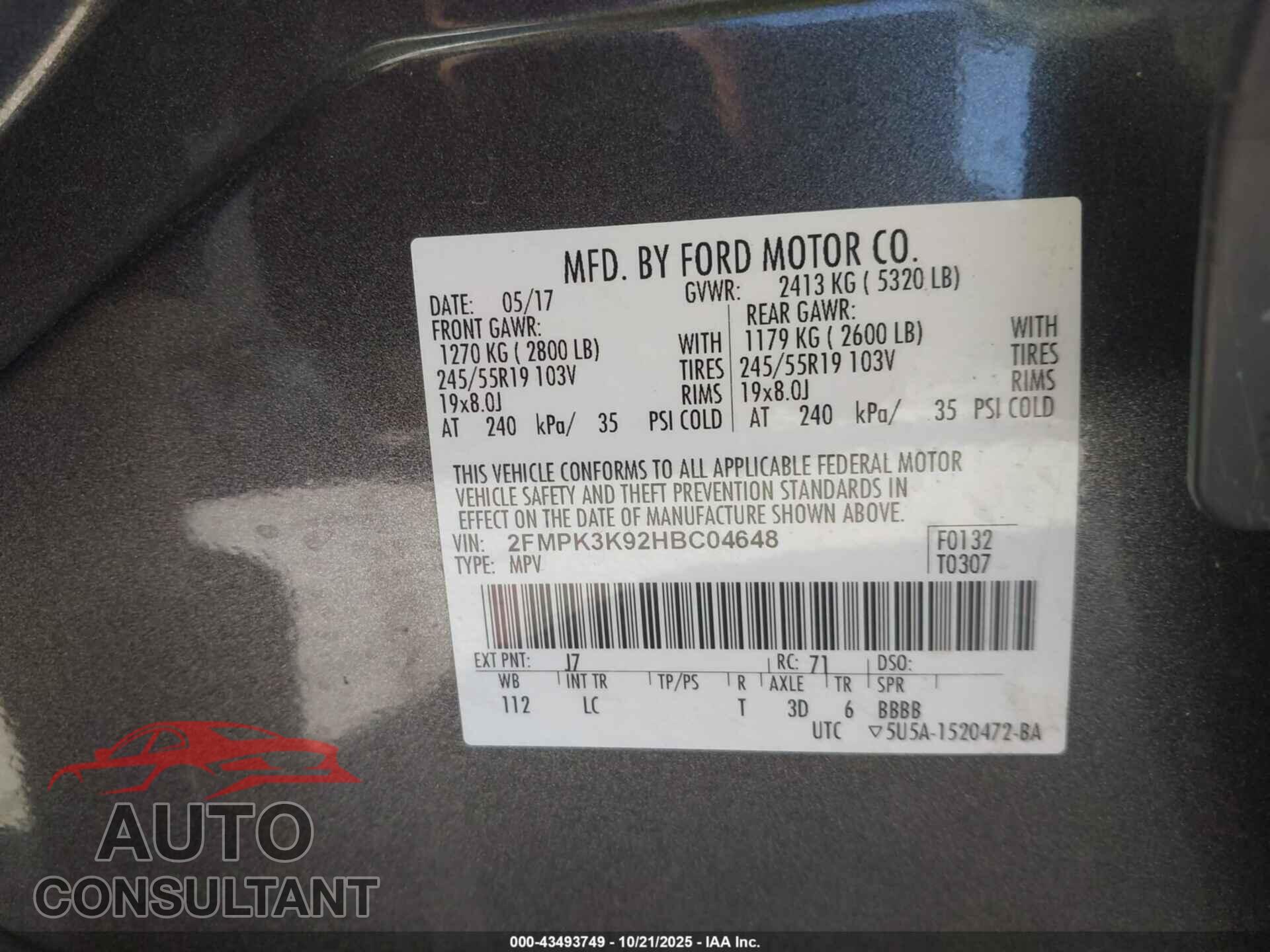 FORD EDGE 2017 - 2FMPK3K92HBC04648