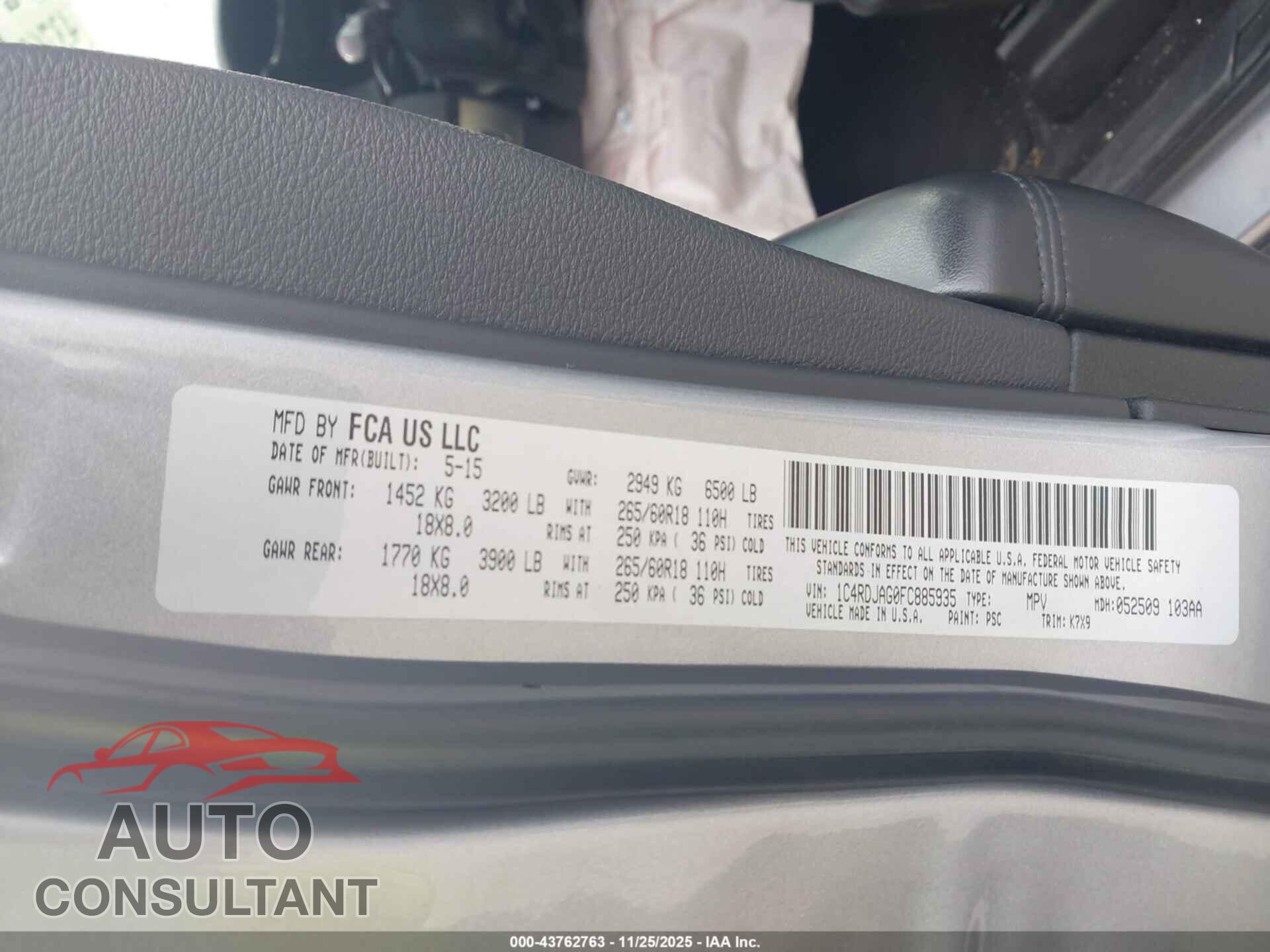 DODGE DURANGO 2015 - 1C4RDJAG0FC885935