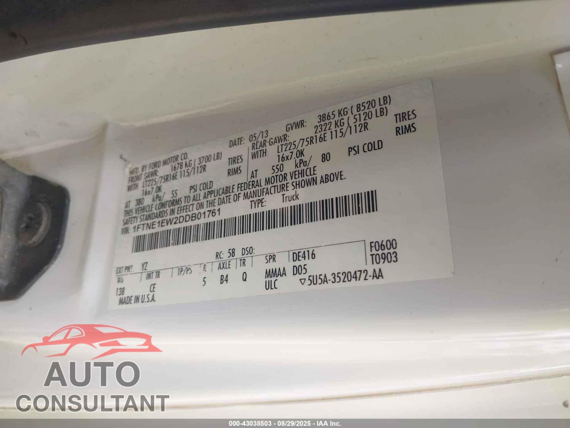 FORD E-150 2013 - 1FTNE1EW2DDB01761