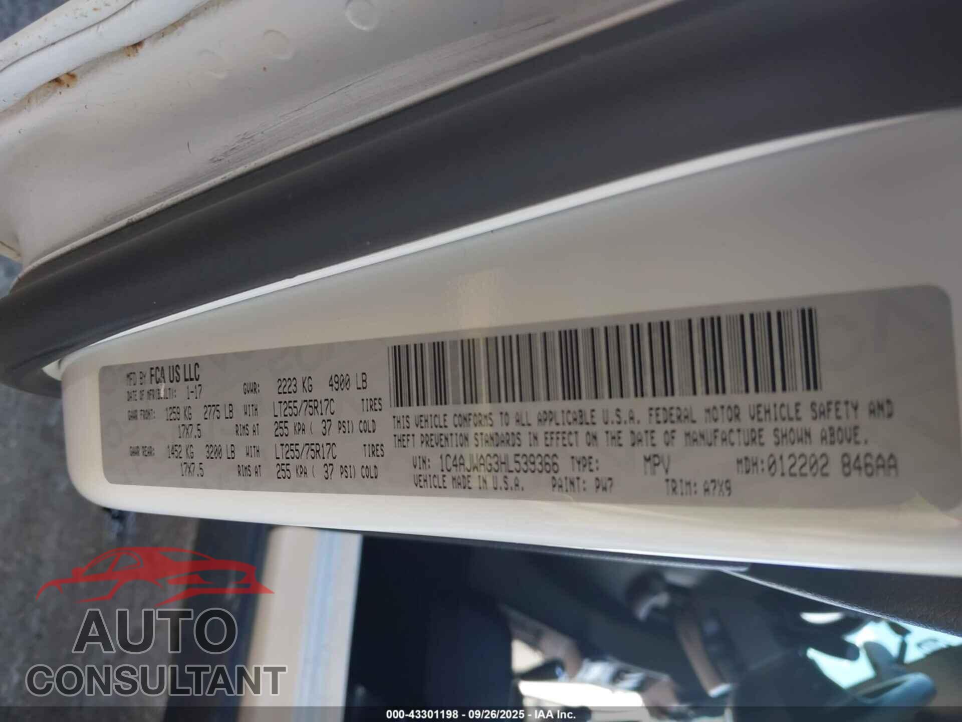 JEEP WRANGLER 2017 - 1C4AJWAG3HL539366