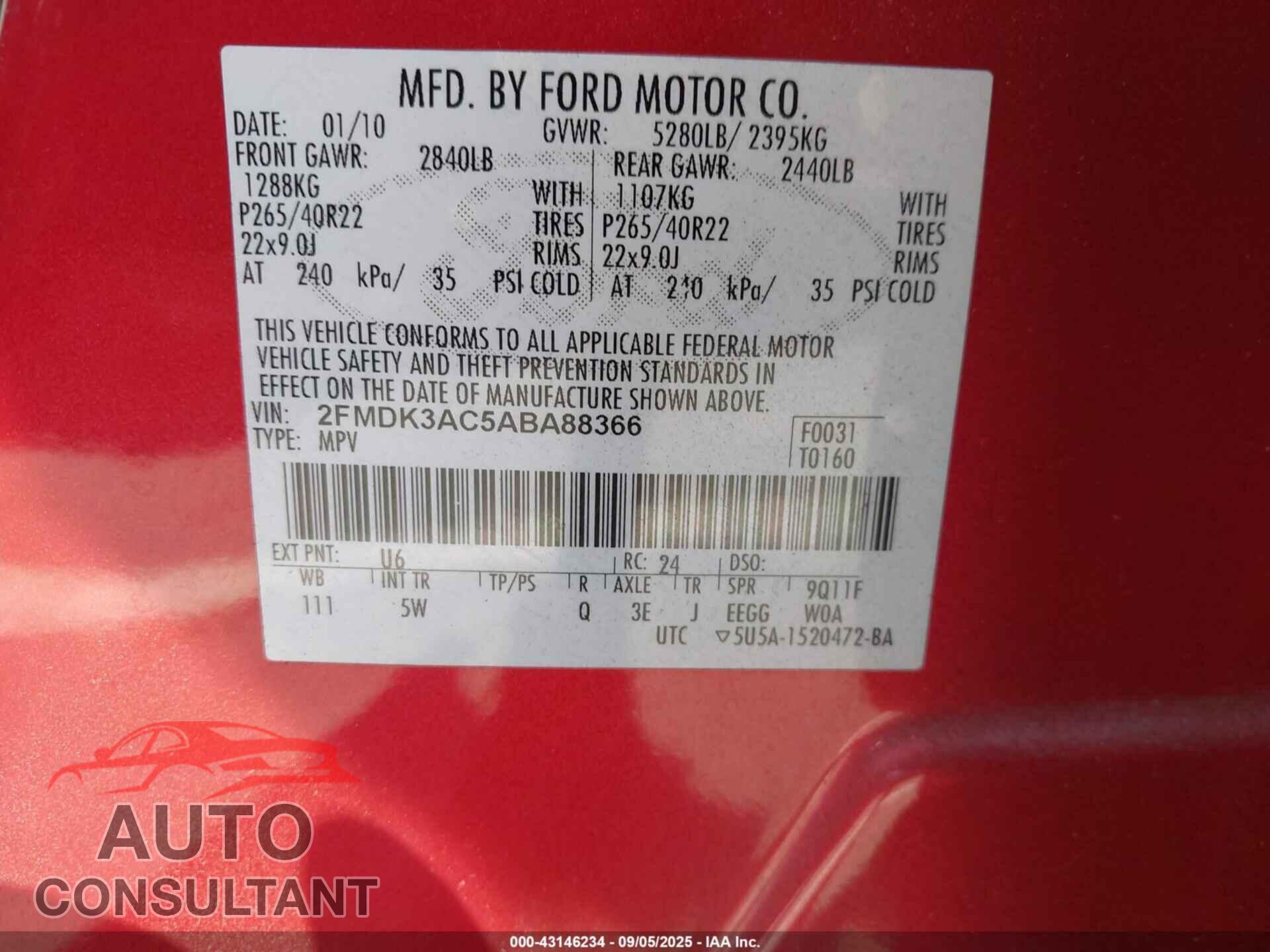 FORD EDGE 2010 - 2FMDK3AC5ABA88366