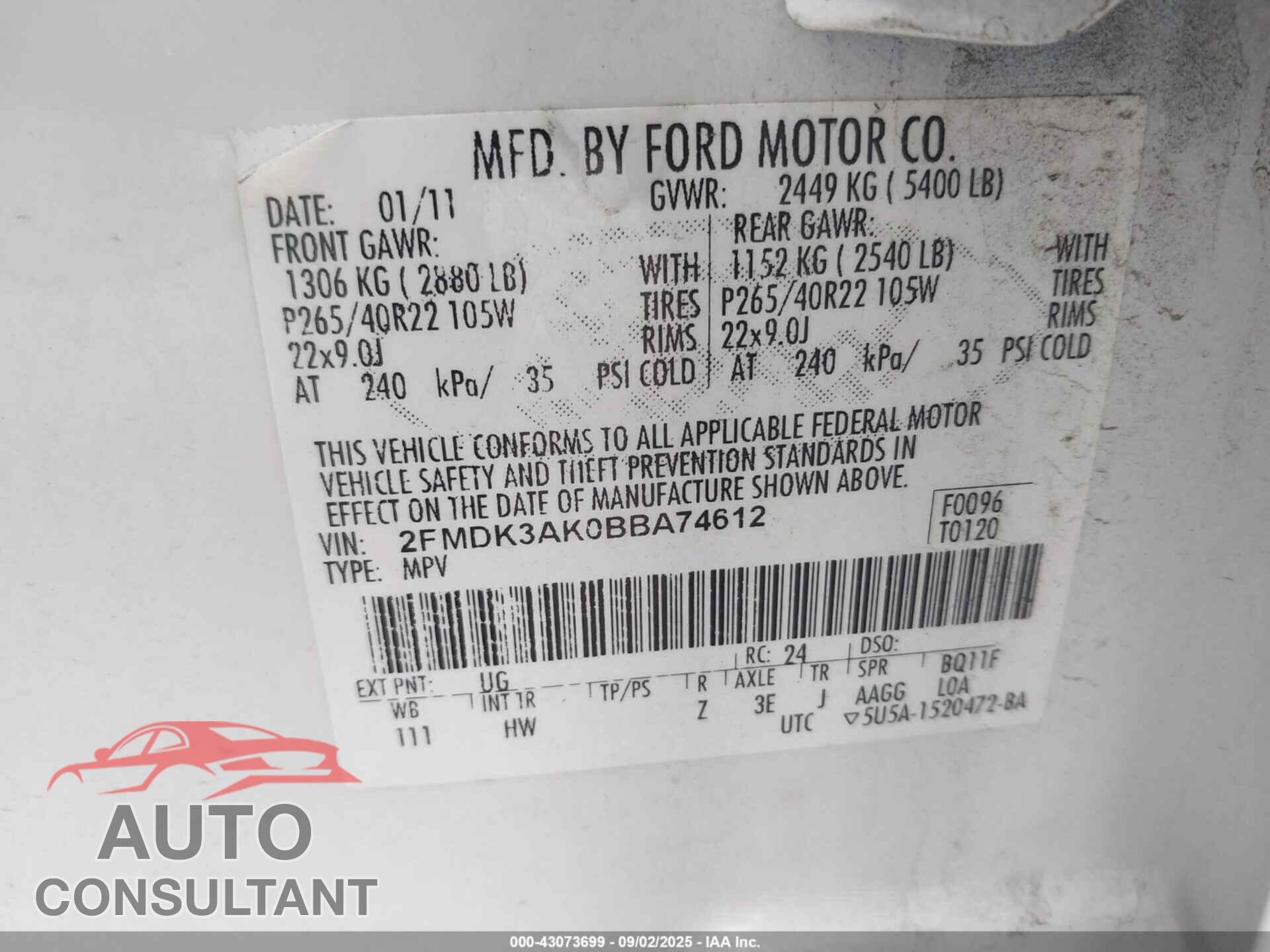 FORD EDGE 2011 - 2FMDK3AK0BBA74612
