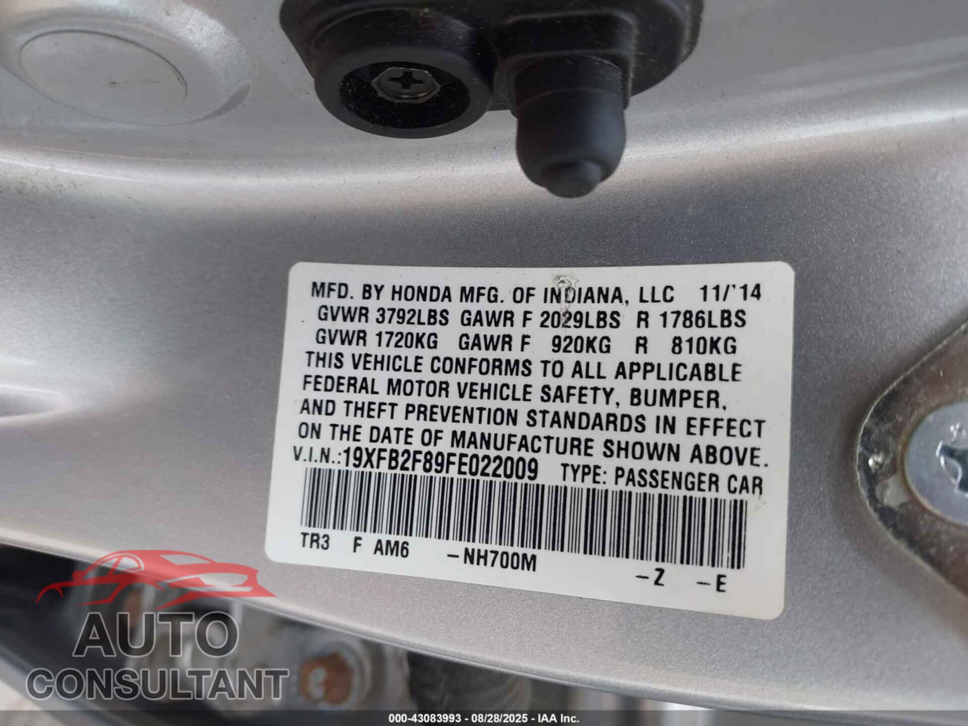 HONDA CIVIC 2015 - 19XFB2F89FE022009