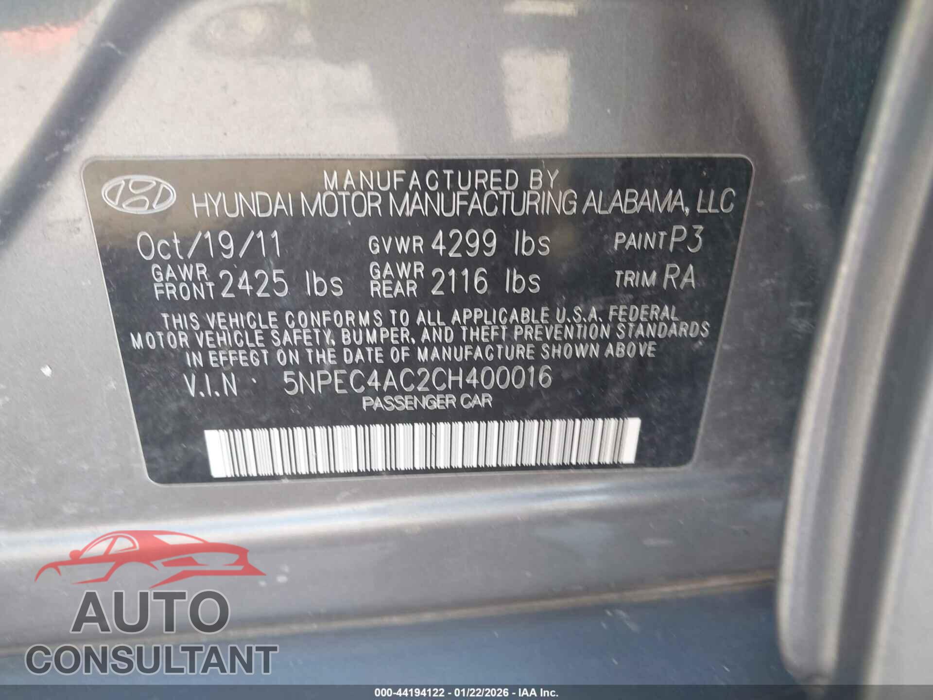 HYUNDAI SONATA 2012 - 5NPEC4AC2CH400016