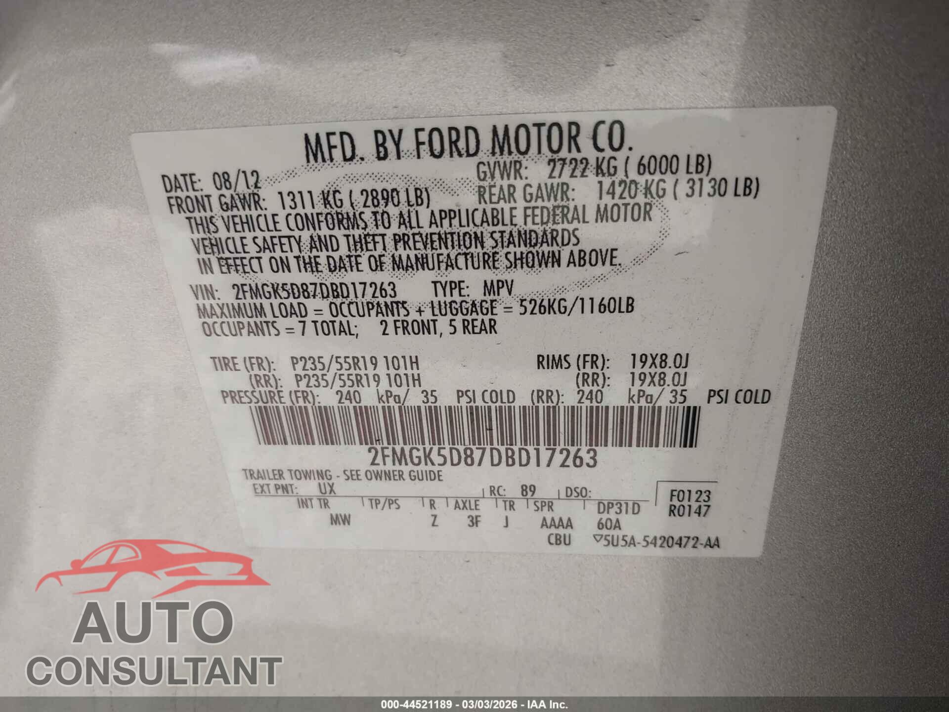 FORD FLEX 2013 - 2FMGK5D87DBD17263