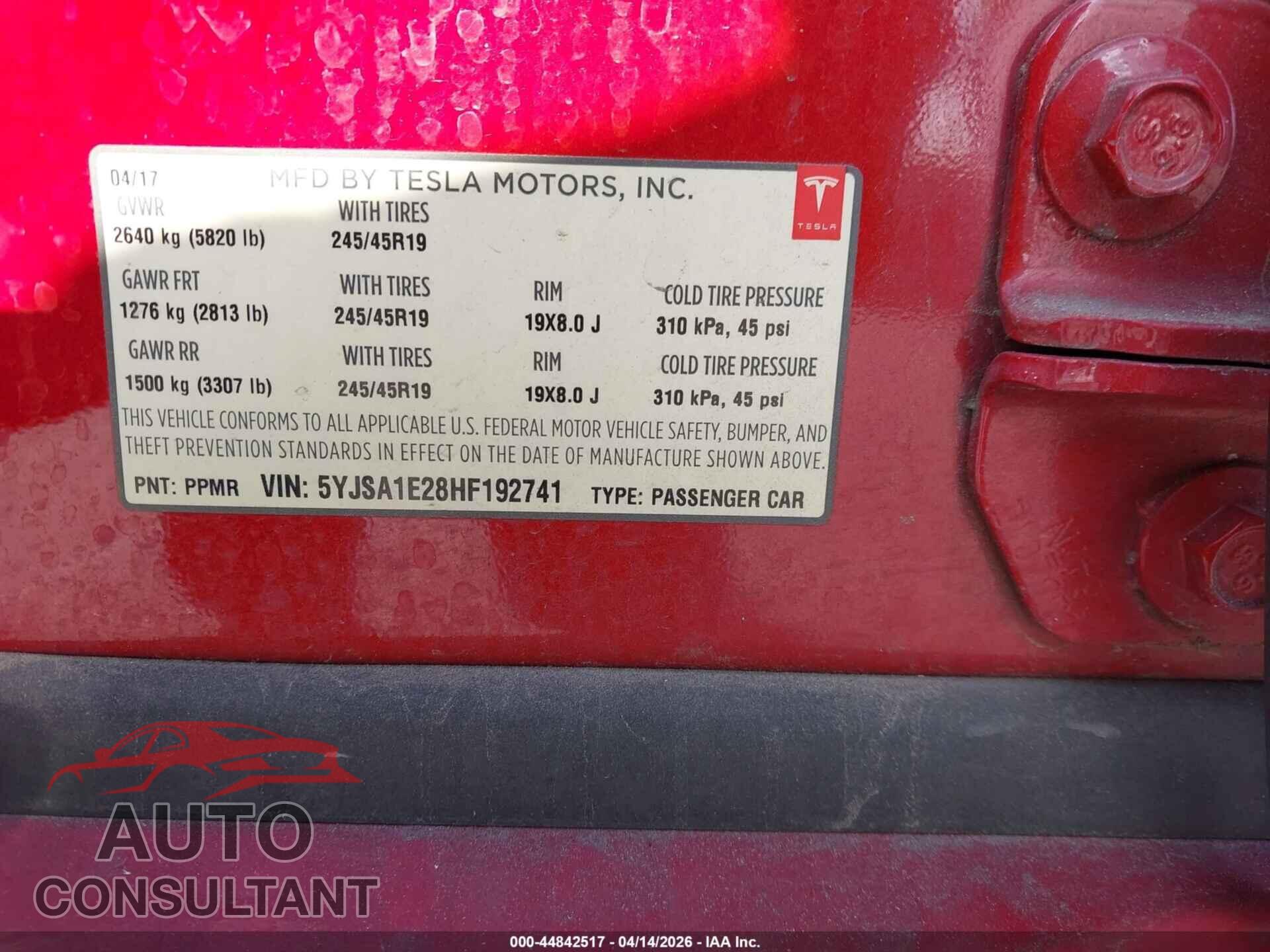 TESLA MODEL S 2017 - 5YJSA1E28HF192741