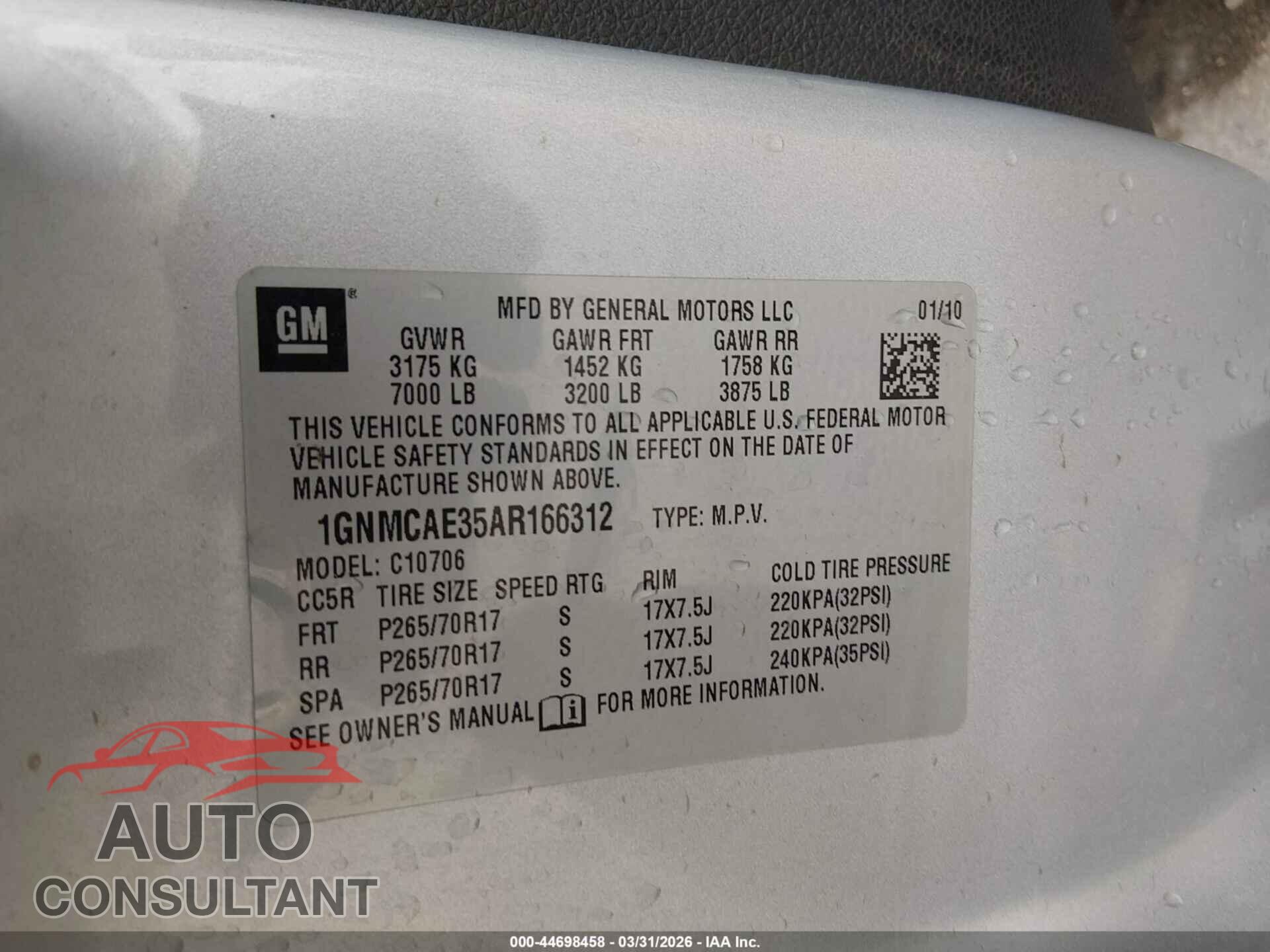 CHEVROLET TAHOE 2010 - 1GNMCAE35AR166312