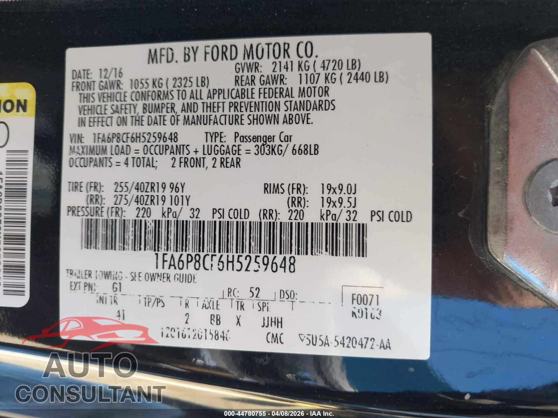 FORD MUSTANG 2017 - 1FA6P8CF6H5259648