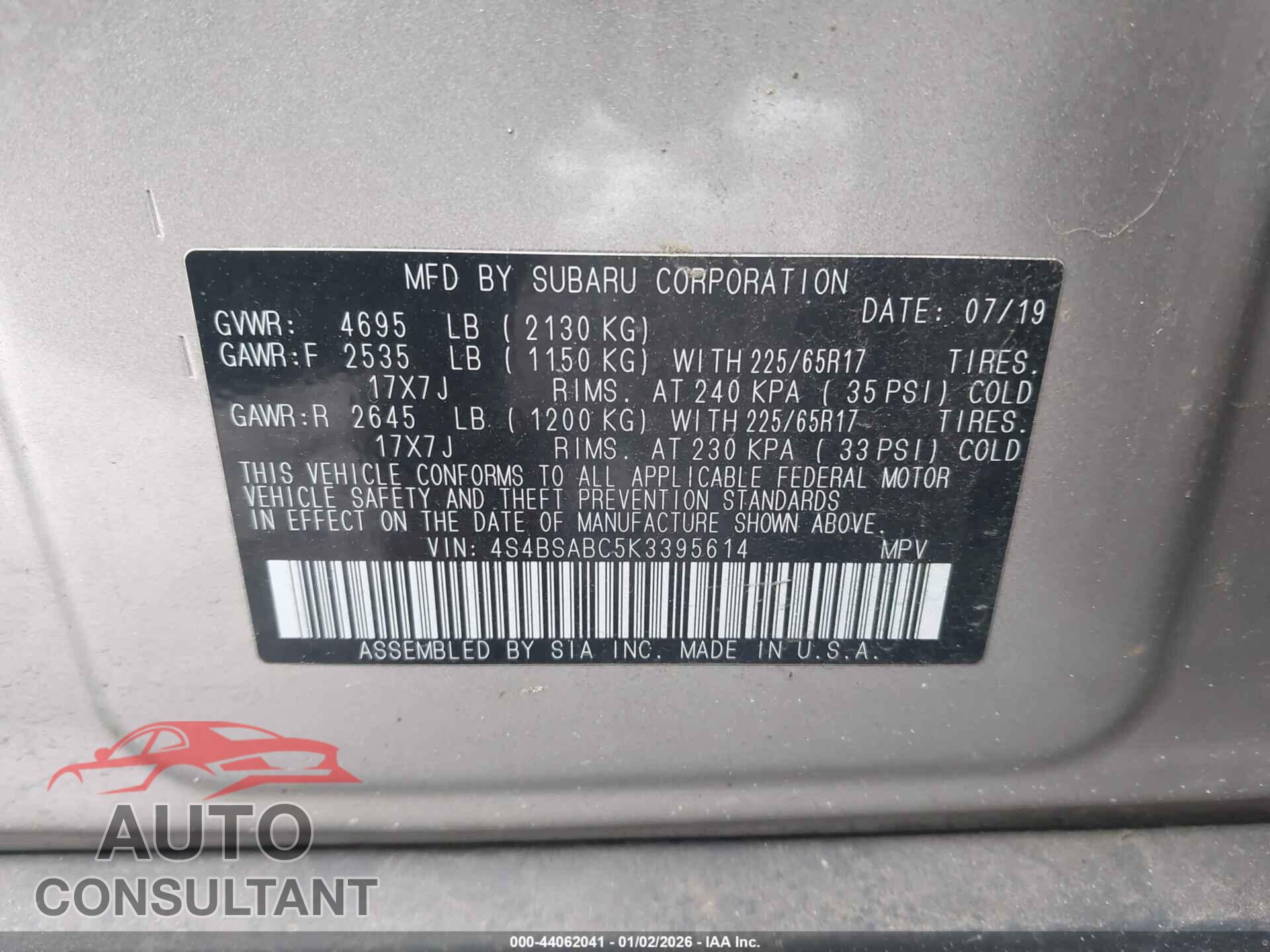 SUBARU OUTBACK 2019 - 4S4BSABC5K3395614