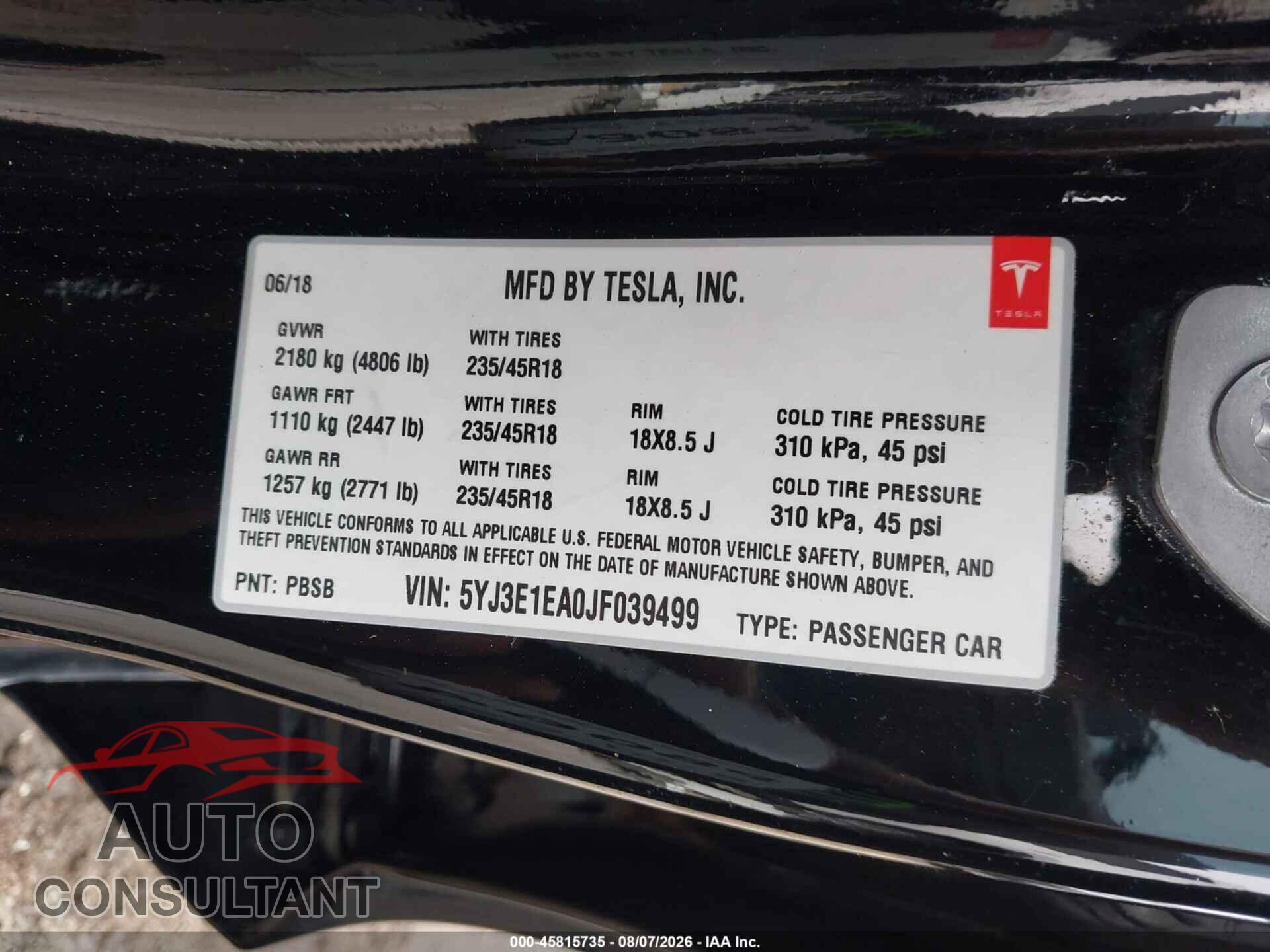 TESLA MODEL 3 2018 - 5YJ3E1EA0JF039499