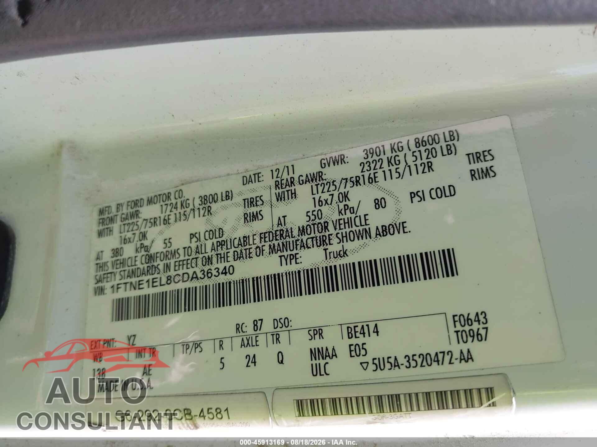 FORD E-150 2012 - 1FTNE1EL8CDA36340