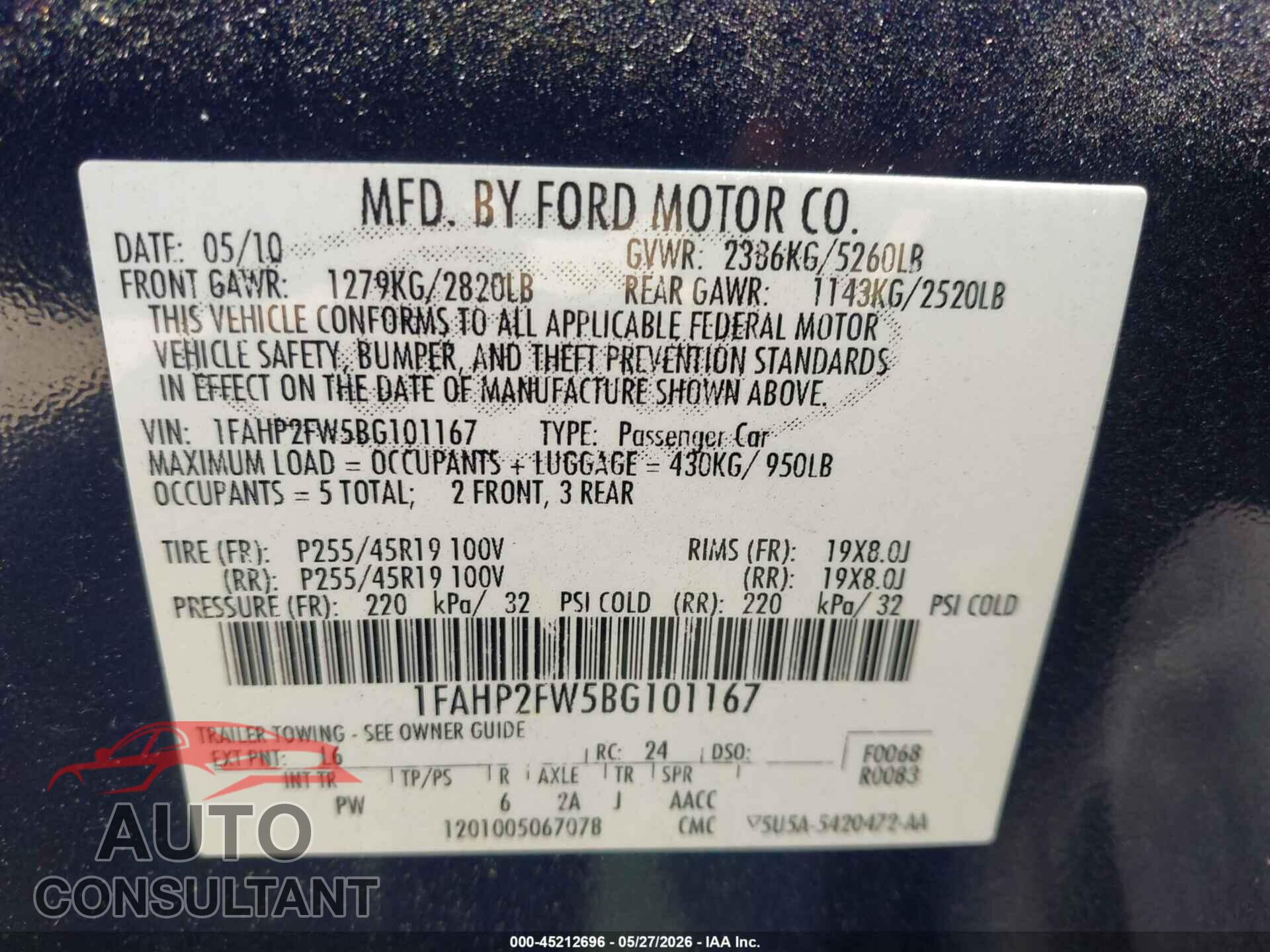 FORD TAURUS 2011 - 1FAHP2FW5BG101167