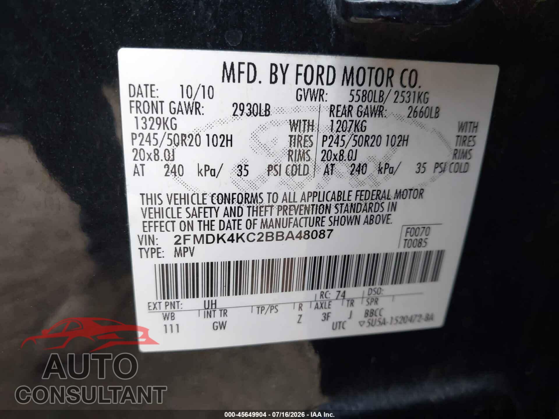 FORD EDGE 2011 - 2FMDK4KC2BBA48087