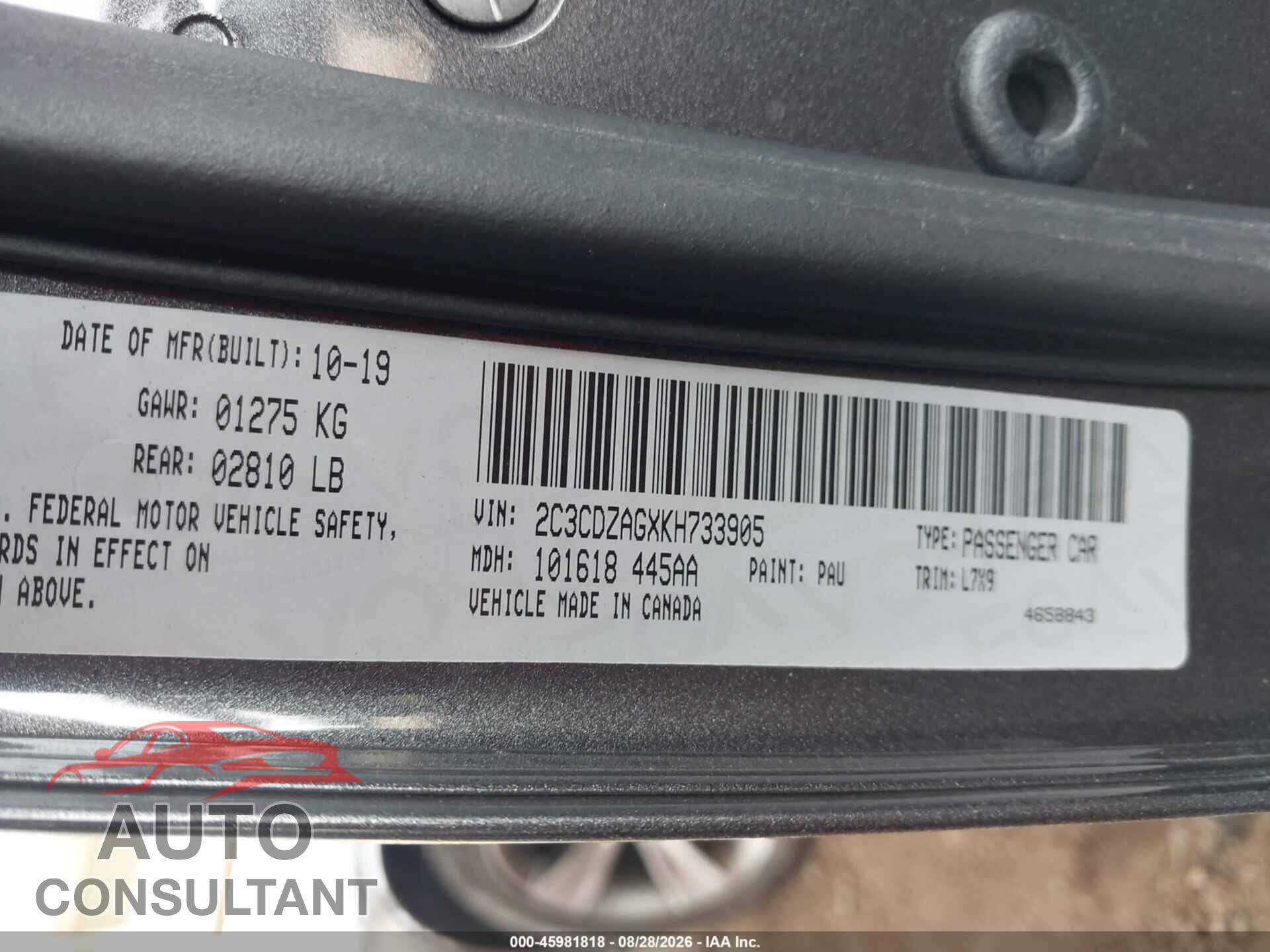 DODGE CHALLENGER 2019 - 2C3CDZAGXKH733905