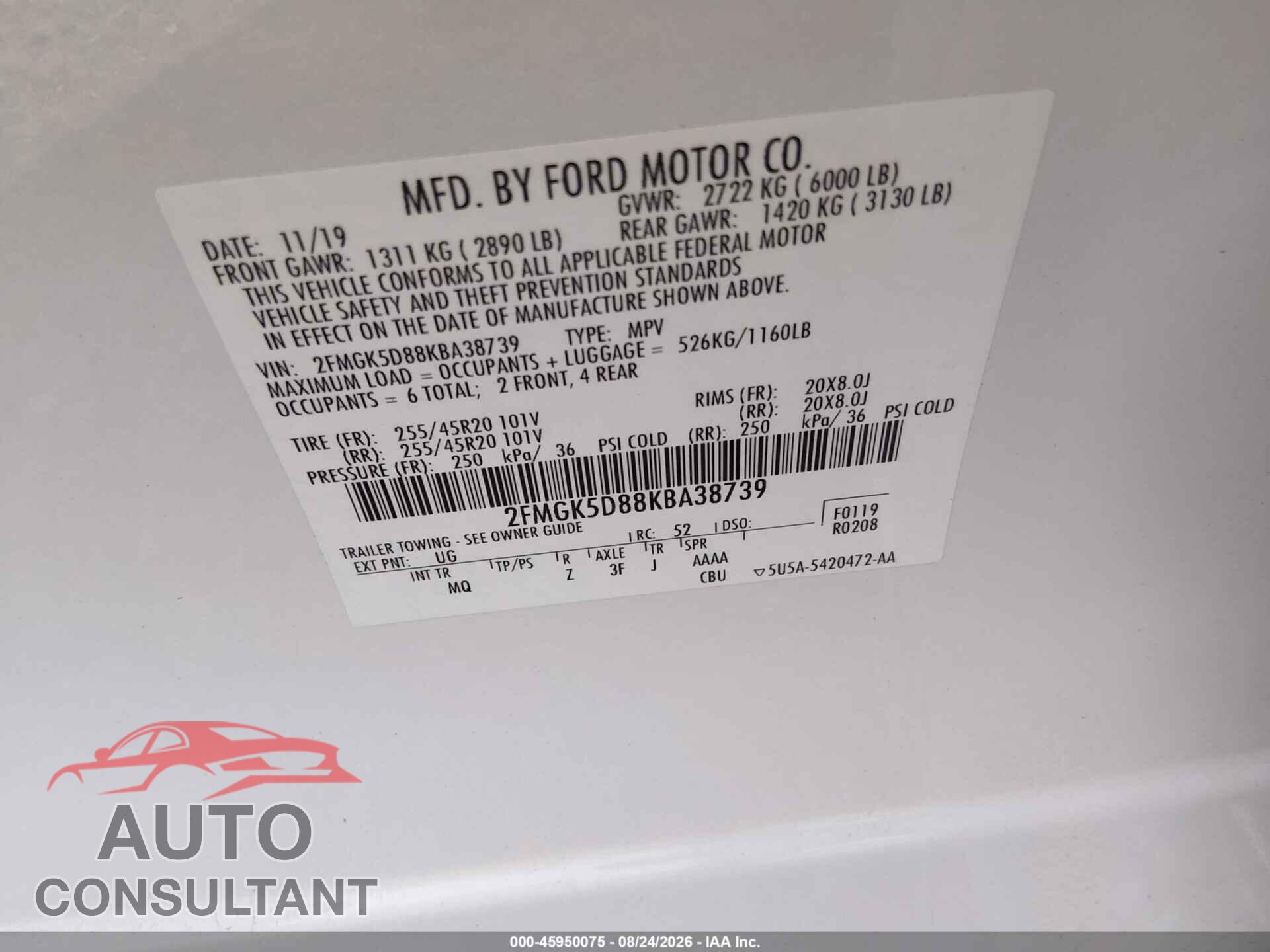 FORD FLEX 2019 - 2FMGK5D88KBA38739