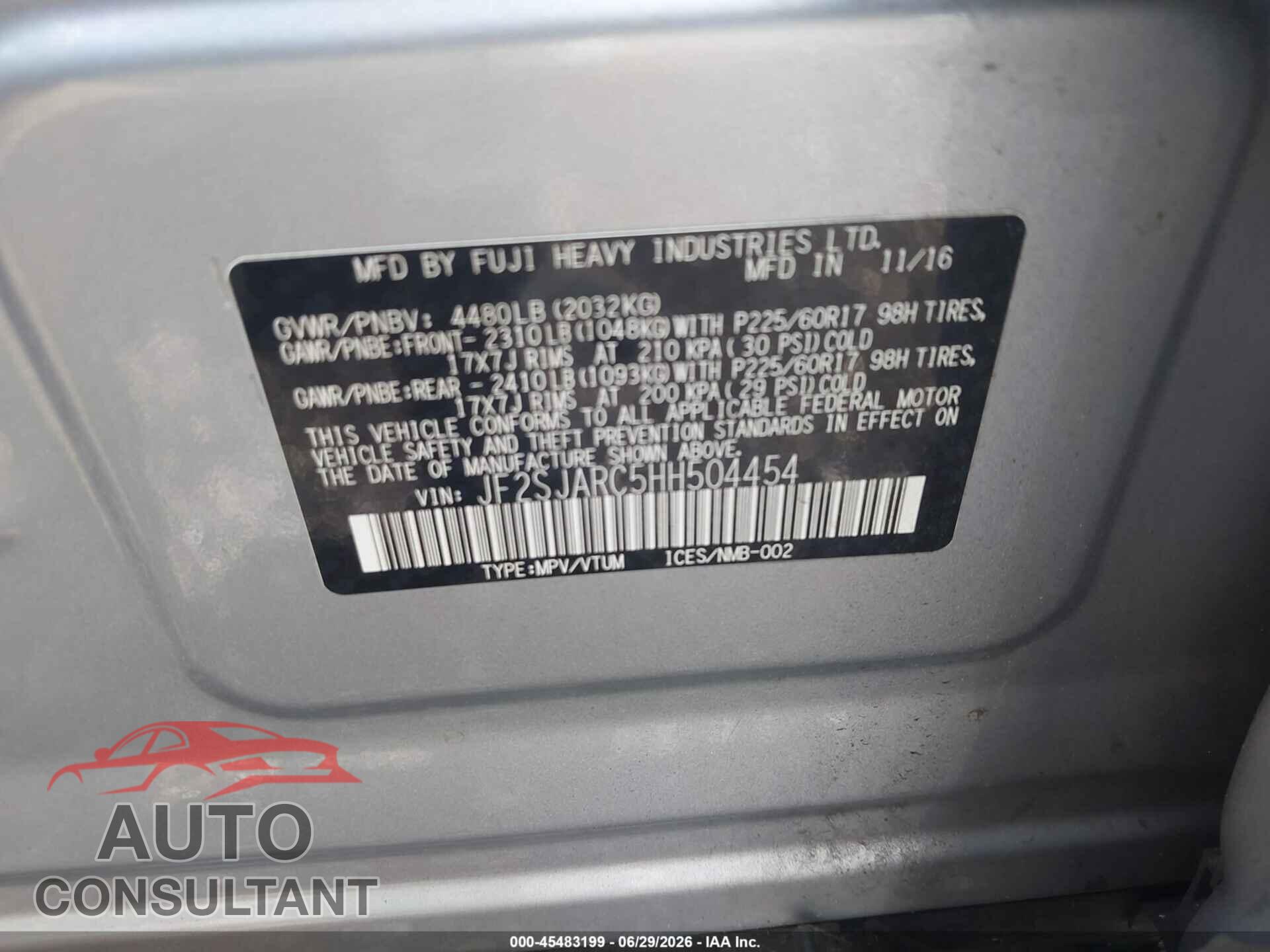 SUBARU FORESTER 2017 - JF2SJARC5HH504454