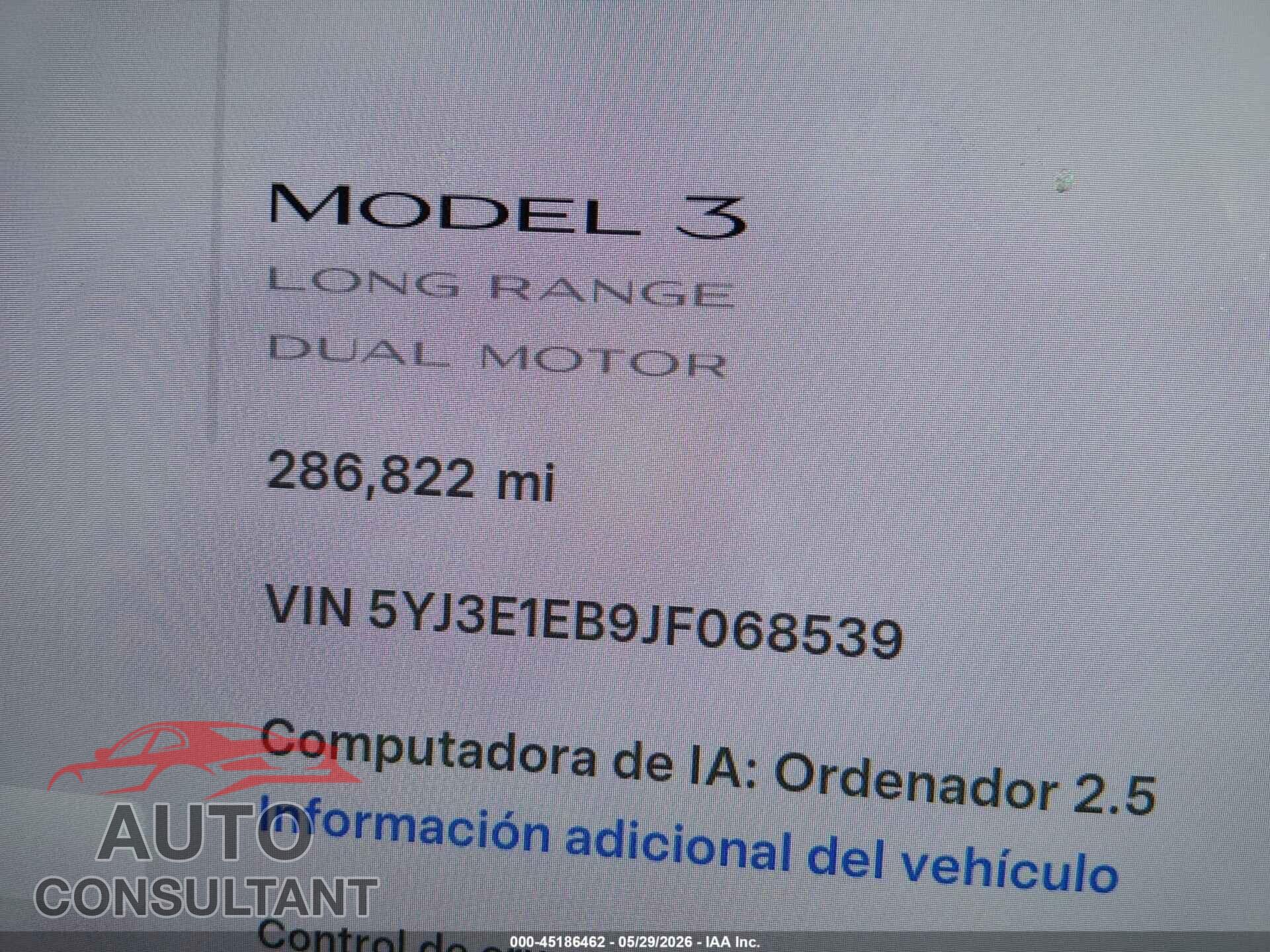 TESLA MODEL 3 2018 - 5YJ3E1EB9JF068539