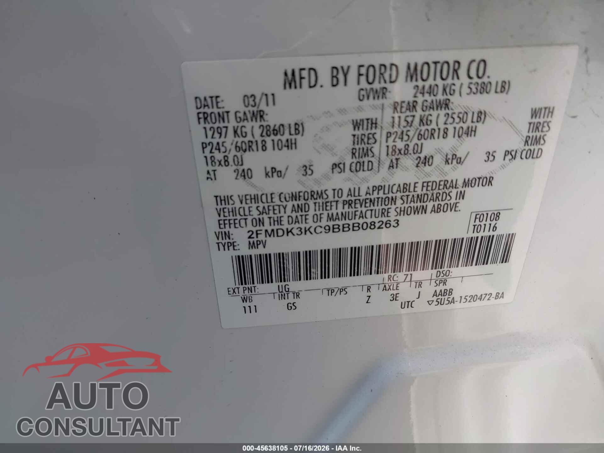 FORD EDGE 2011 - 2FMDK3KC9BBB08263