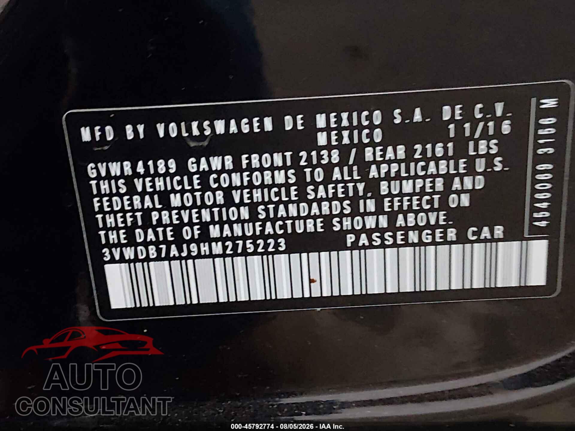 VOLKSWAGEN JETTA 2017 - 3VWDB7AJ9HM275223
