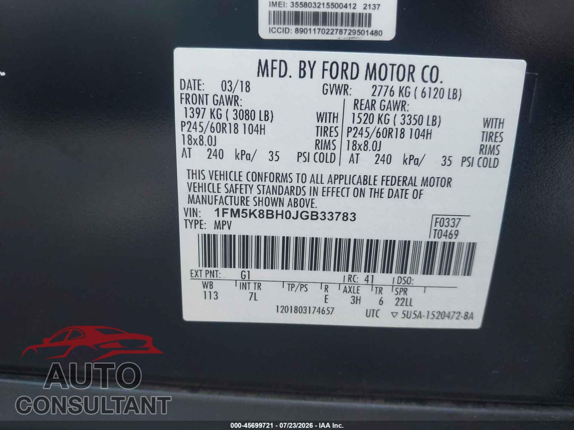 FORD EXPLORER 2018 - 1FM5K8BH0JGB33783