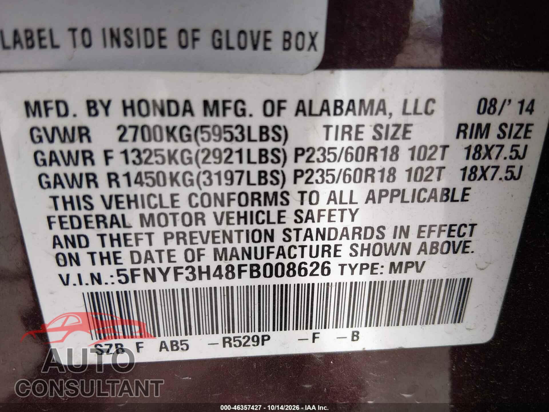 HONDA PILOT 2015 - 5FNYF3H48FB008626