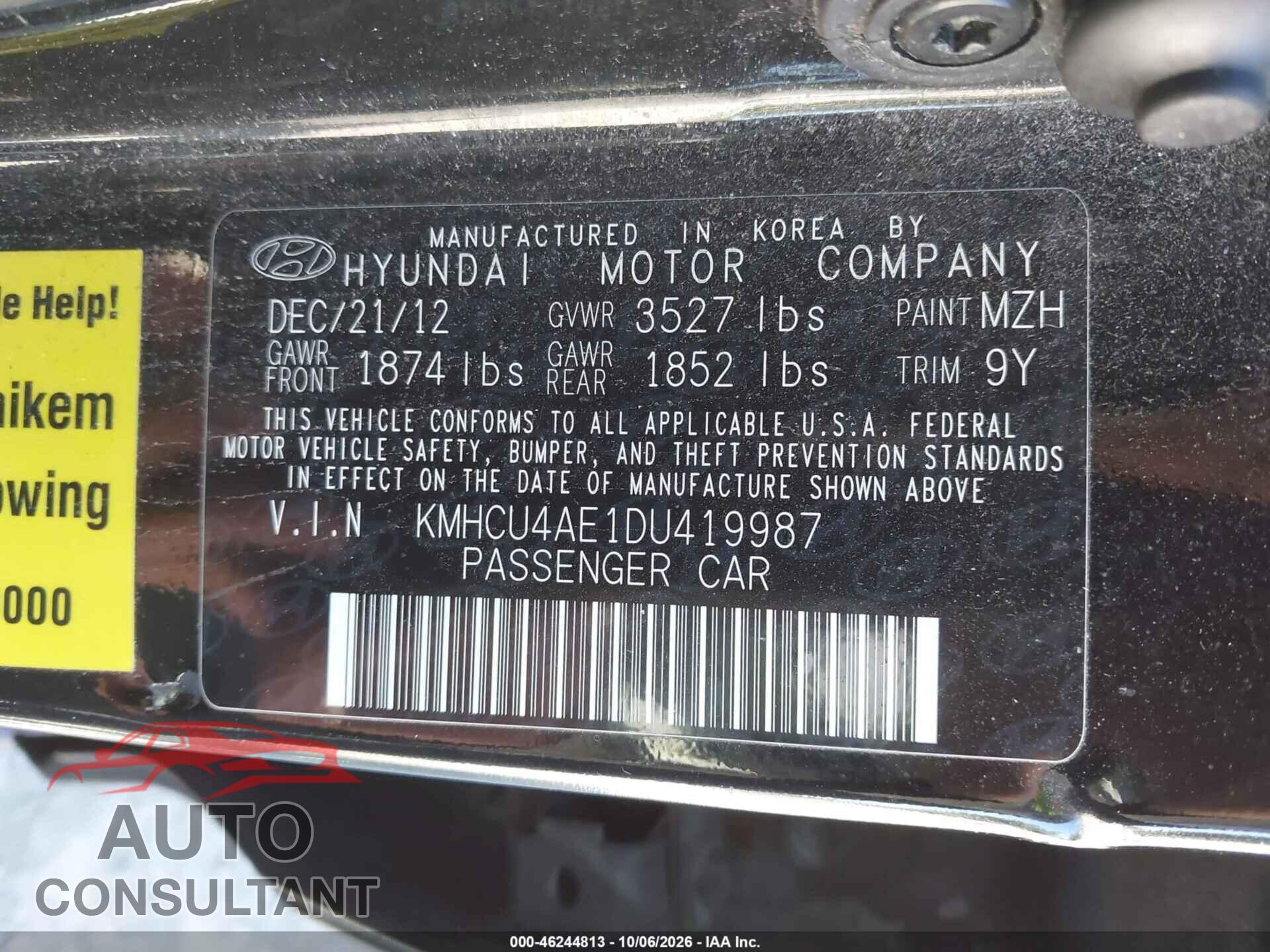 HYUNDAI ACCENT 2013 - KMHCU4AE1DU419987
