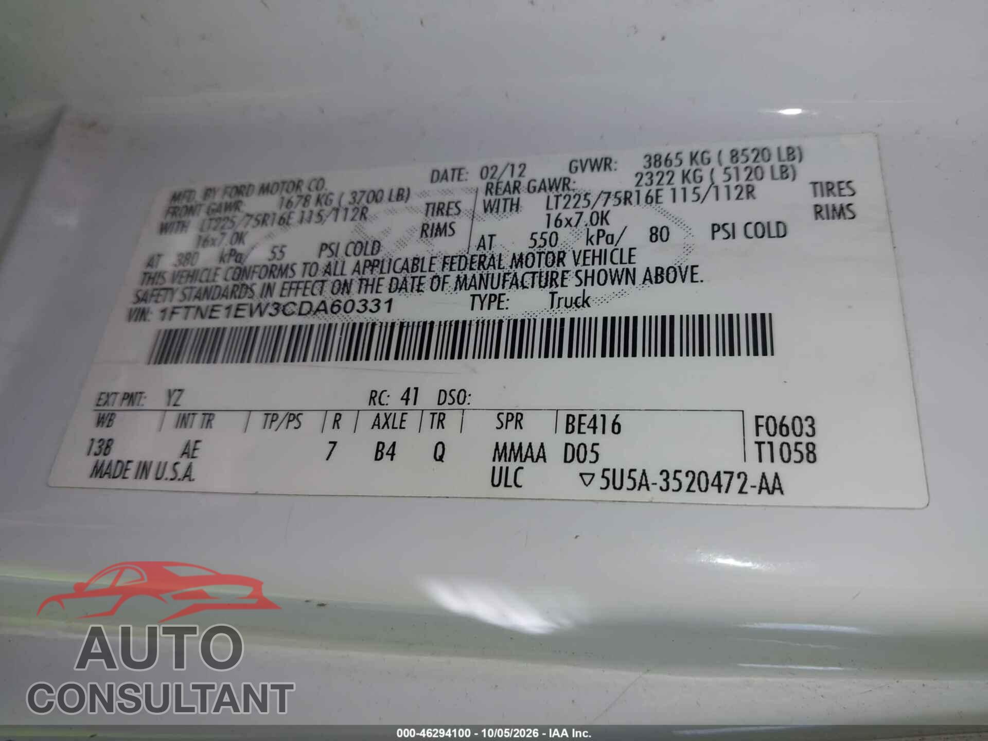 FORD E-150 2012 - 1FTNE1EW3CDA60331