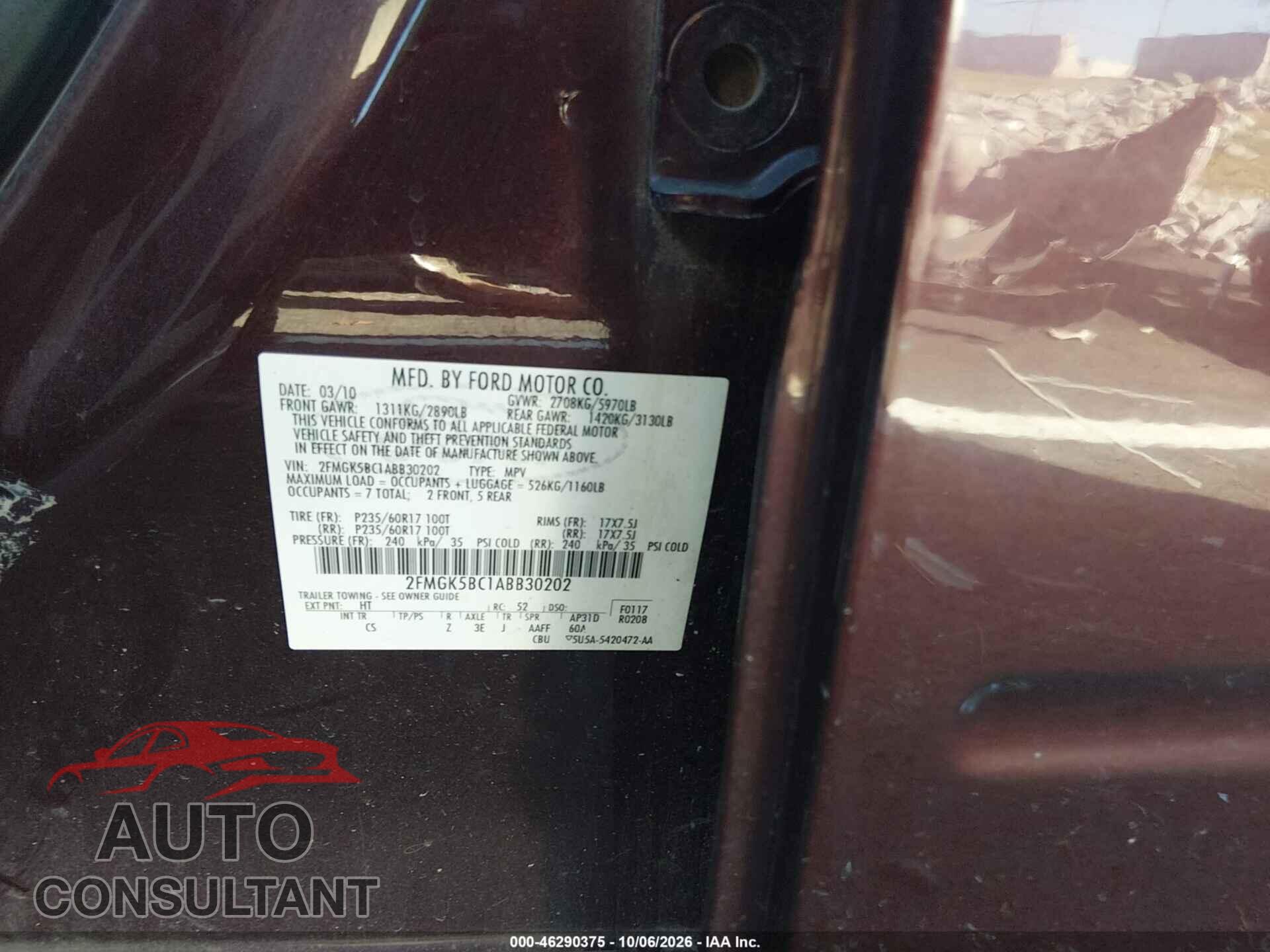 FORD FLEX 2010 - 2FMGK5BC1ABB30202