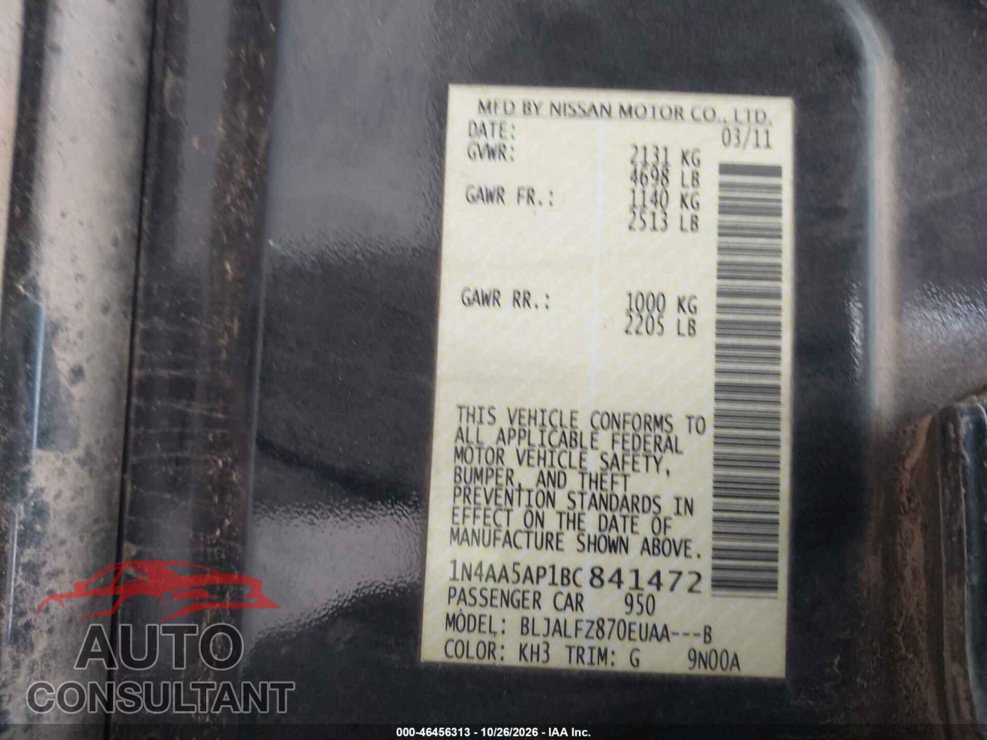 NISSAN MAXIMA 2011 - 1N4AA5AP1BC841472